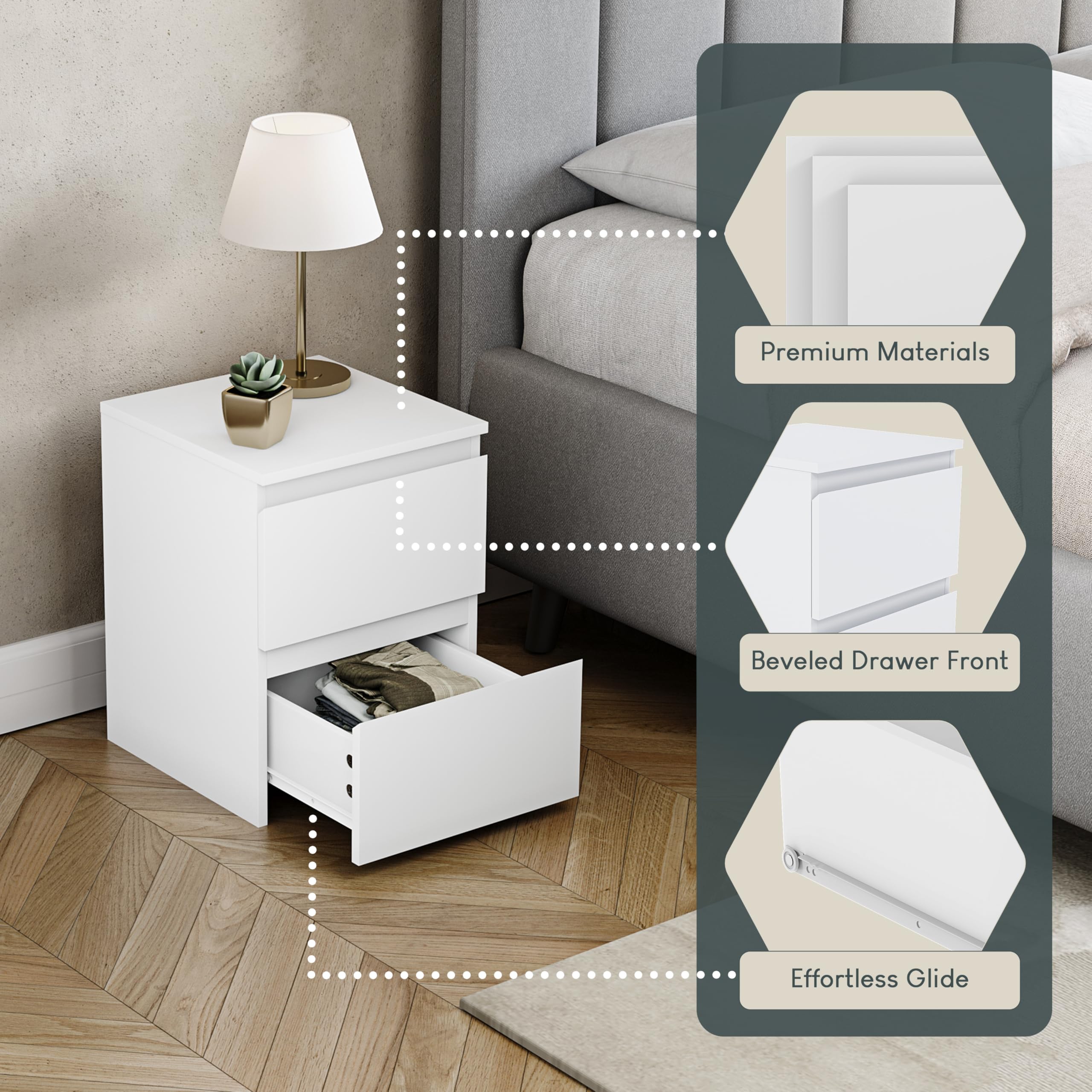 Vida Designs Denver 2 Drawer Bedside Chest - Modern Style | H: 40 x W: 29.5 cm | White 5