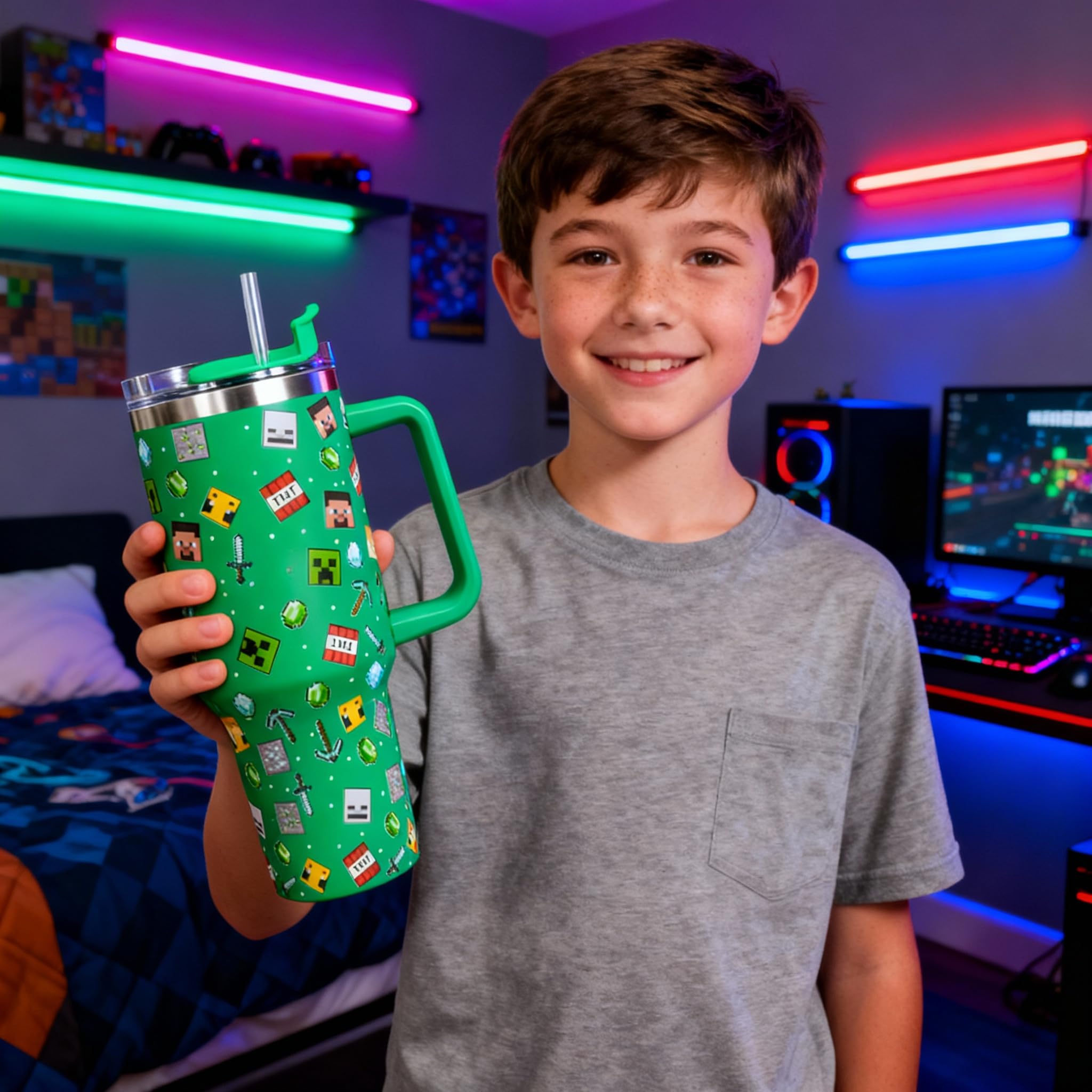 HOX Minecraft 1.2L Insulated Tumbler Mug - Cold 17Hrs Hot 5Hrs | Leak Proof Travel Mug with Straw & Lid 7