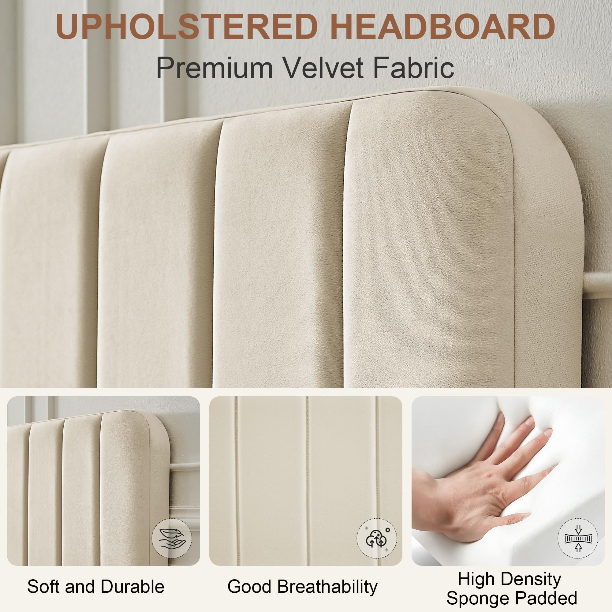 VECELO Upholstered Double Bed Frame 135x190cm Beige Metal Frame Adjustable Headboard Max Load 362kg 3
