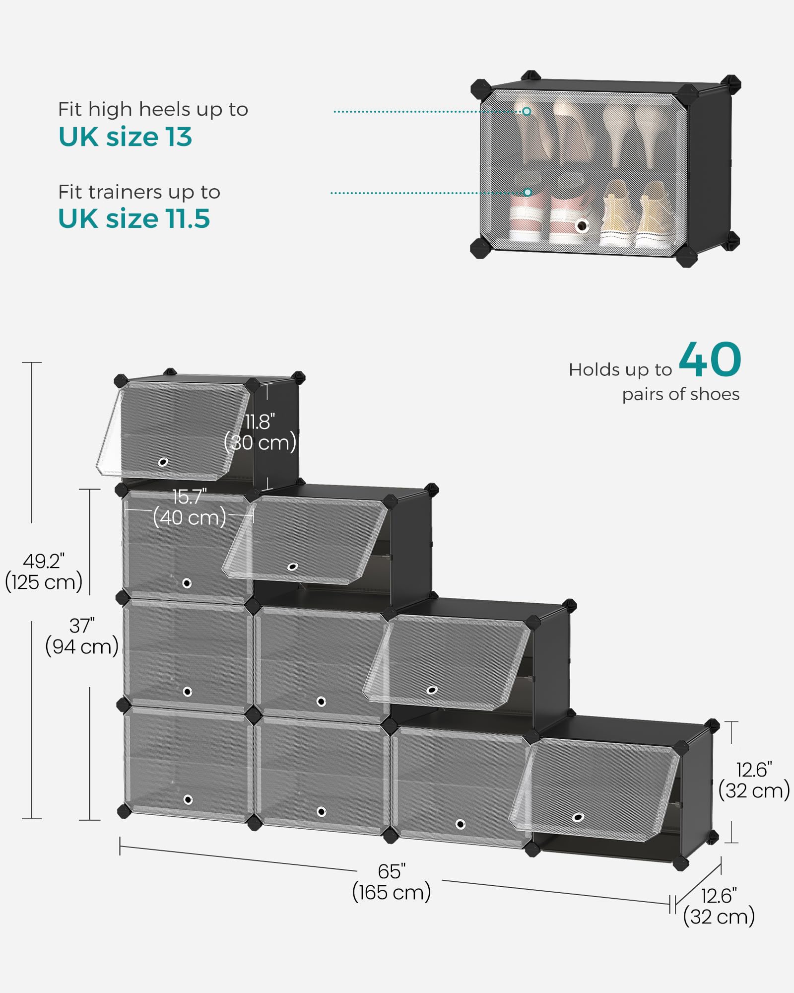 SONGMICS Modular Shoe Rack - 10 Slots Storage Unit | Steel Frame | Black | 30x40x30 cm per Slot 2