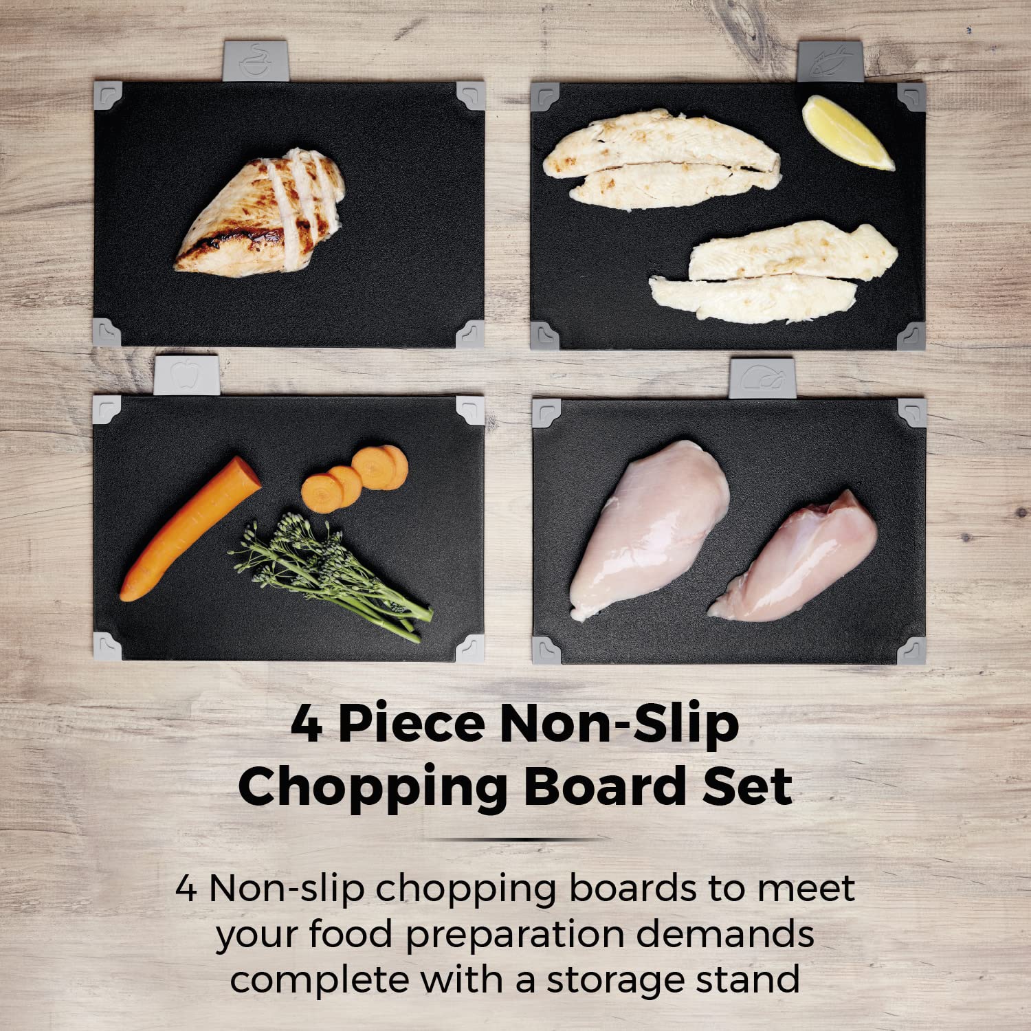 Tower 4-Piece Chopping Board Set with Stand | Plastic | Black | Includes Index Tabs 3