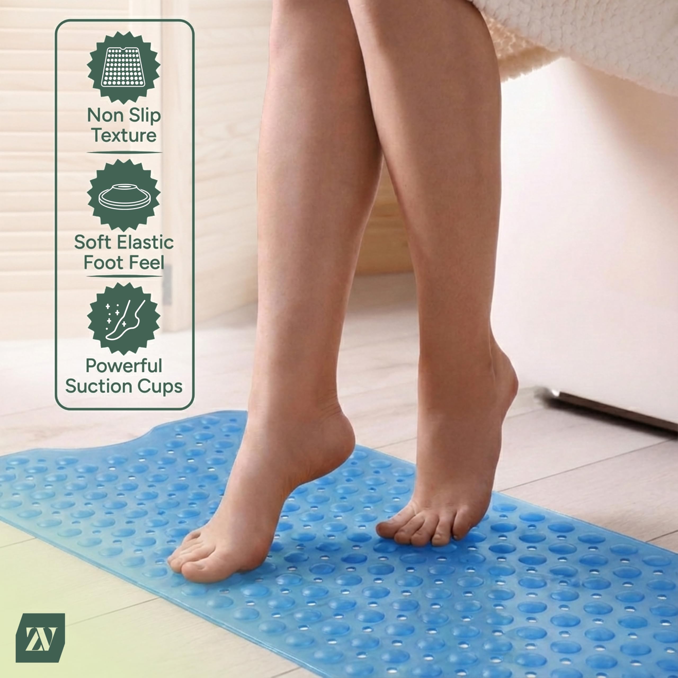 Zuvo Extra Long Non-Slip Bathtub Mat - 100 x 40cm Blue PVC Anti-Mould 3