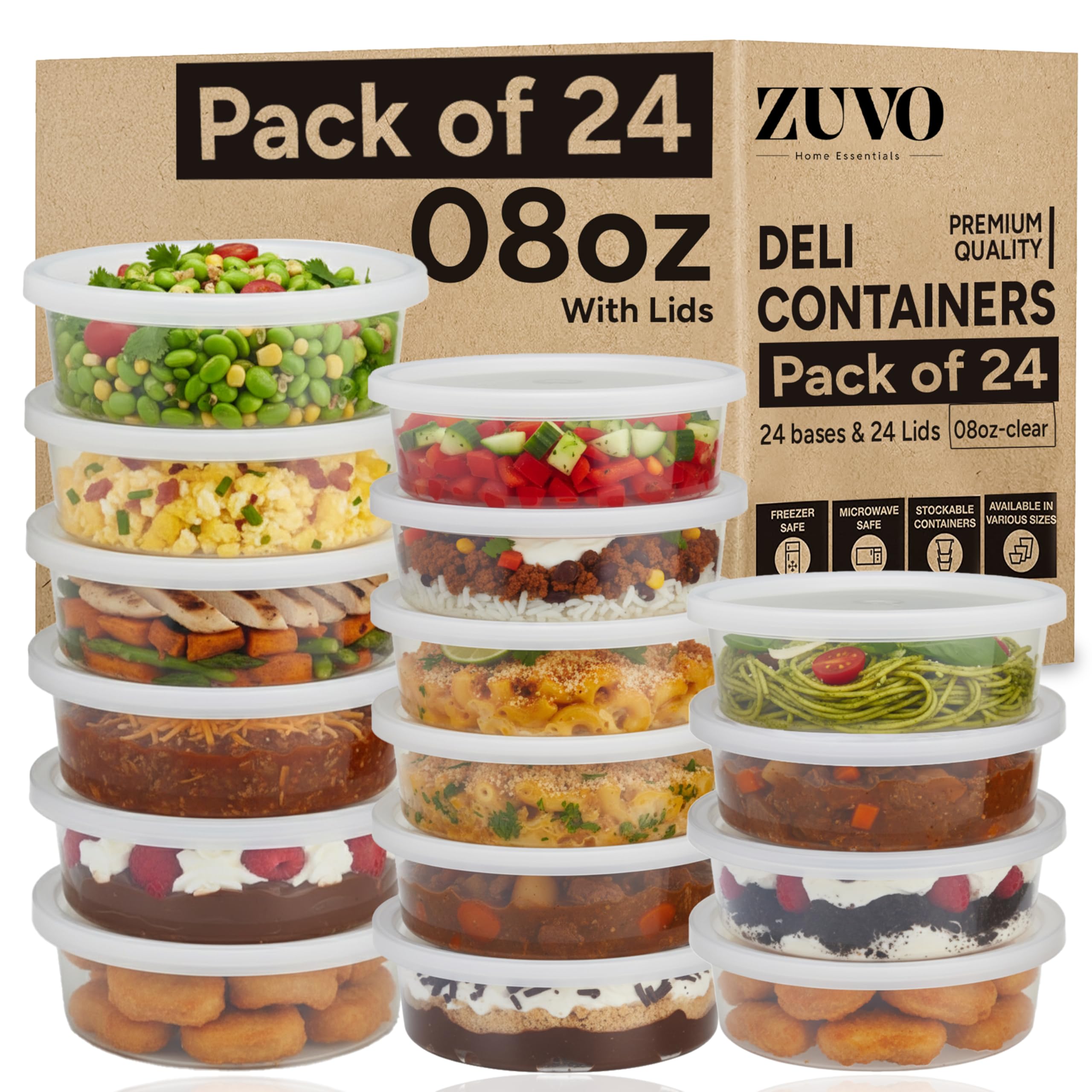 Zuvo Plastic Sauce Containers with Lids - 8 OZ (24 Pack) | BPA-Free, Microwave Safe