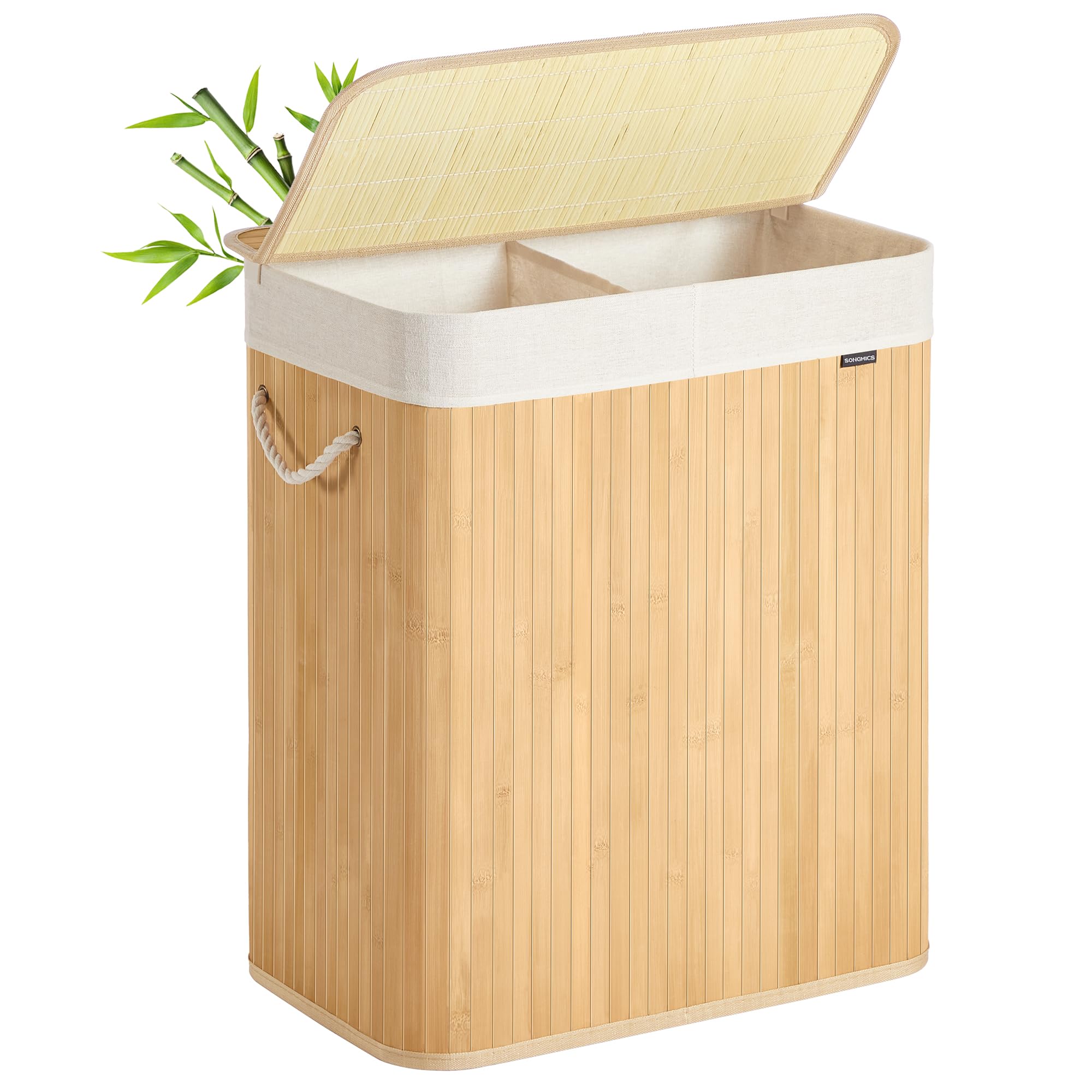 SONGMICS 100L Bamboo Laundry Basket with 2 Compartments | Foldable | Removable Washable Liner