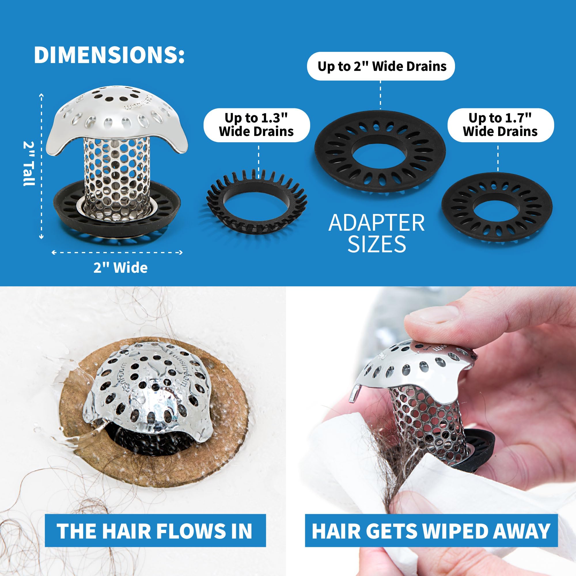 TubShroom Bathtub Hair Drain Catcher - Stainless Steel Ultra, Fits Standard Drains + Adapters 9