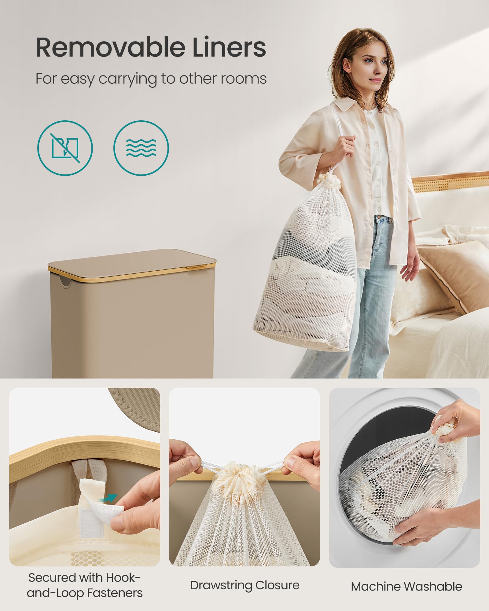SONGMICS 2-Section Laundry Basket with Lid - 130 L Capacity, Collapsible, Camel Brown 5
