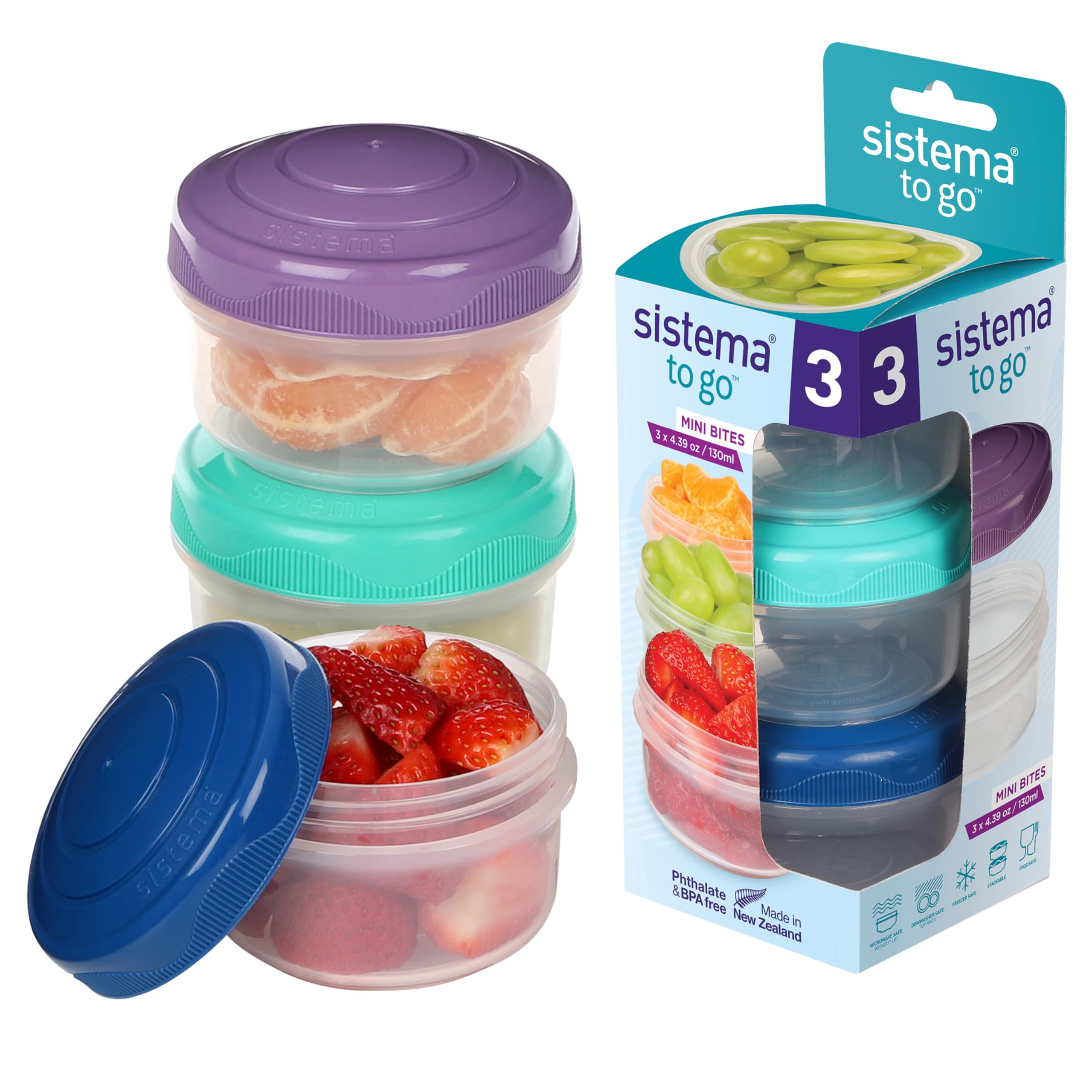 Sistema TO GO Mini Bites Snack Pots - Airtight & Stackable Food Storage | 130 ml Capacity | 3 Count