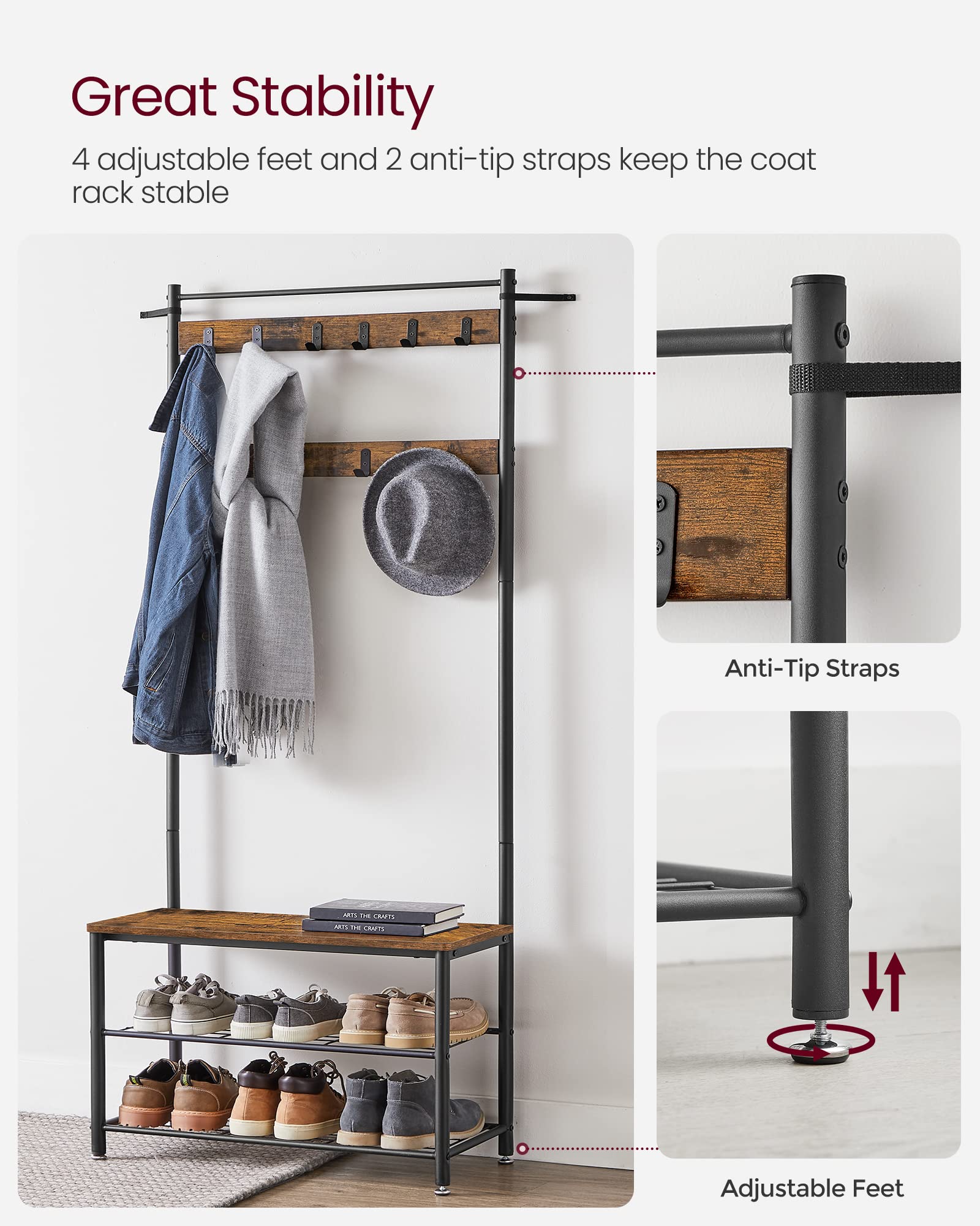 VASAGLE Coat Rack - 3-in-1 Hall Tree with Shoe Storage Bench | 9 Hooks | Rustic Brown & Black 5