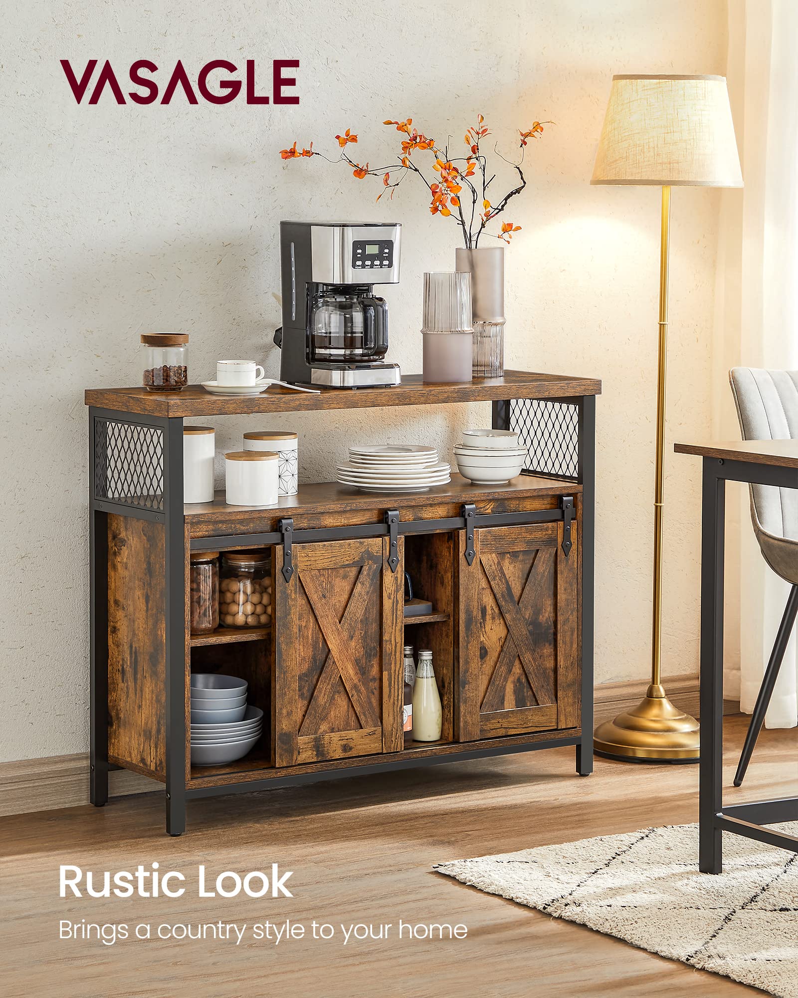 VASAGLE Sideboard Storage Cupboard with 2 Sliding Barn Doors | Rustic Brown & Black | 1000mm Wide 4