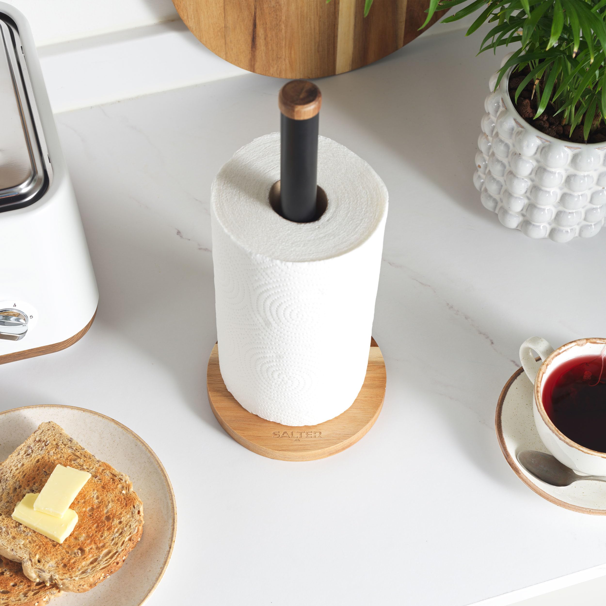 Salter Toronto Freestanding Paper Towel Holder - Acacia Wood | Black Finish | 350mm Height 6