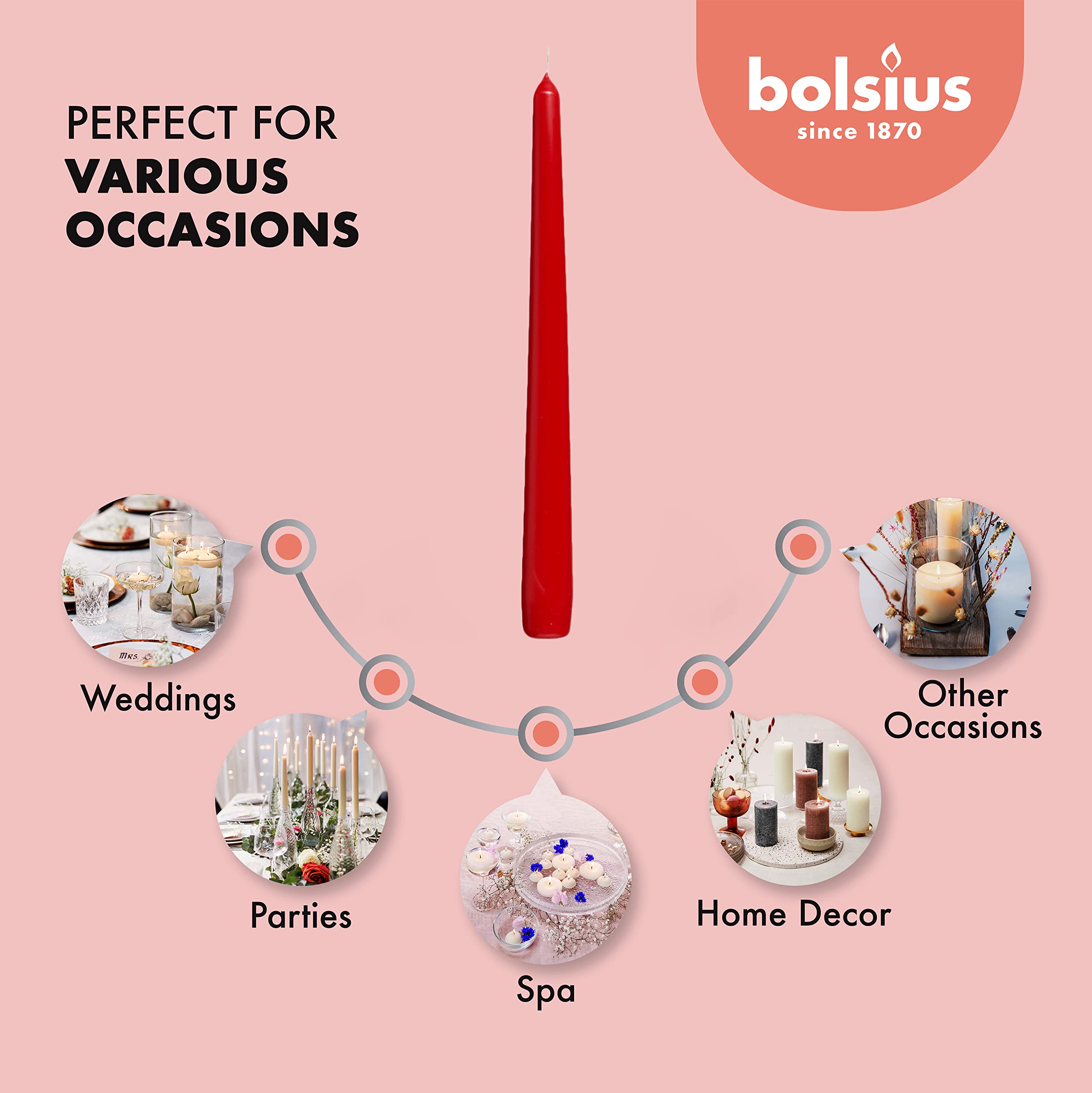 BOLSIUS Tapered Dinner Candles - 24.5cm Height, 7.5h Burn Time | 10 Pack | Red | Unscented 4