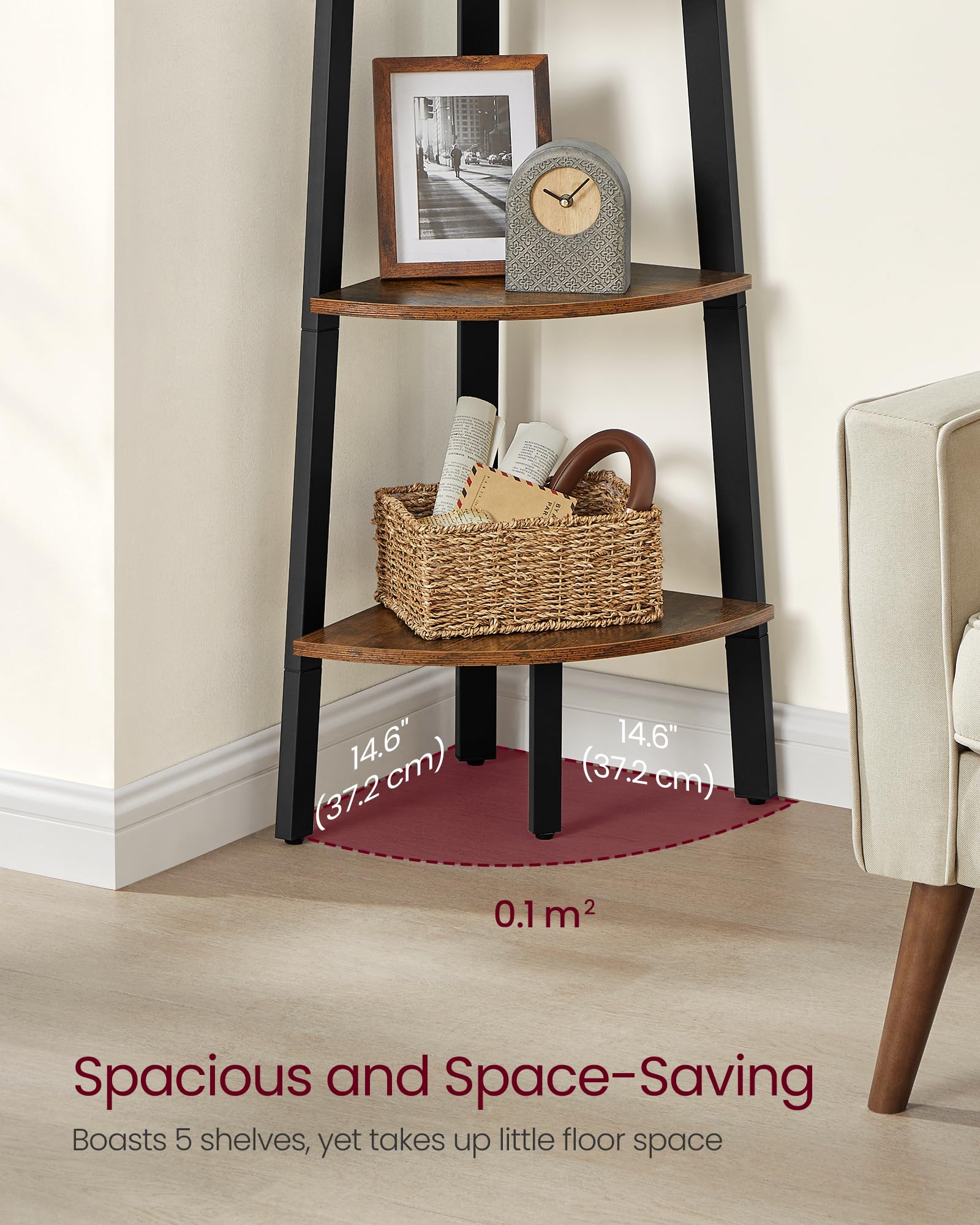 VASAGLE Industrial Corner Bookcase - 5 Tier Shelf | Rustic Brown & Black | LLS35X 4