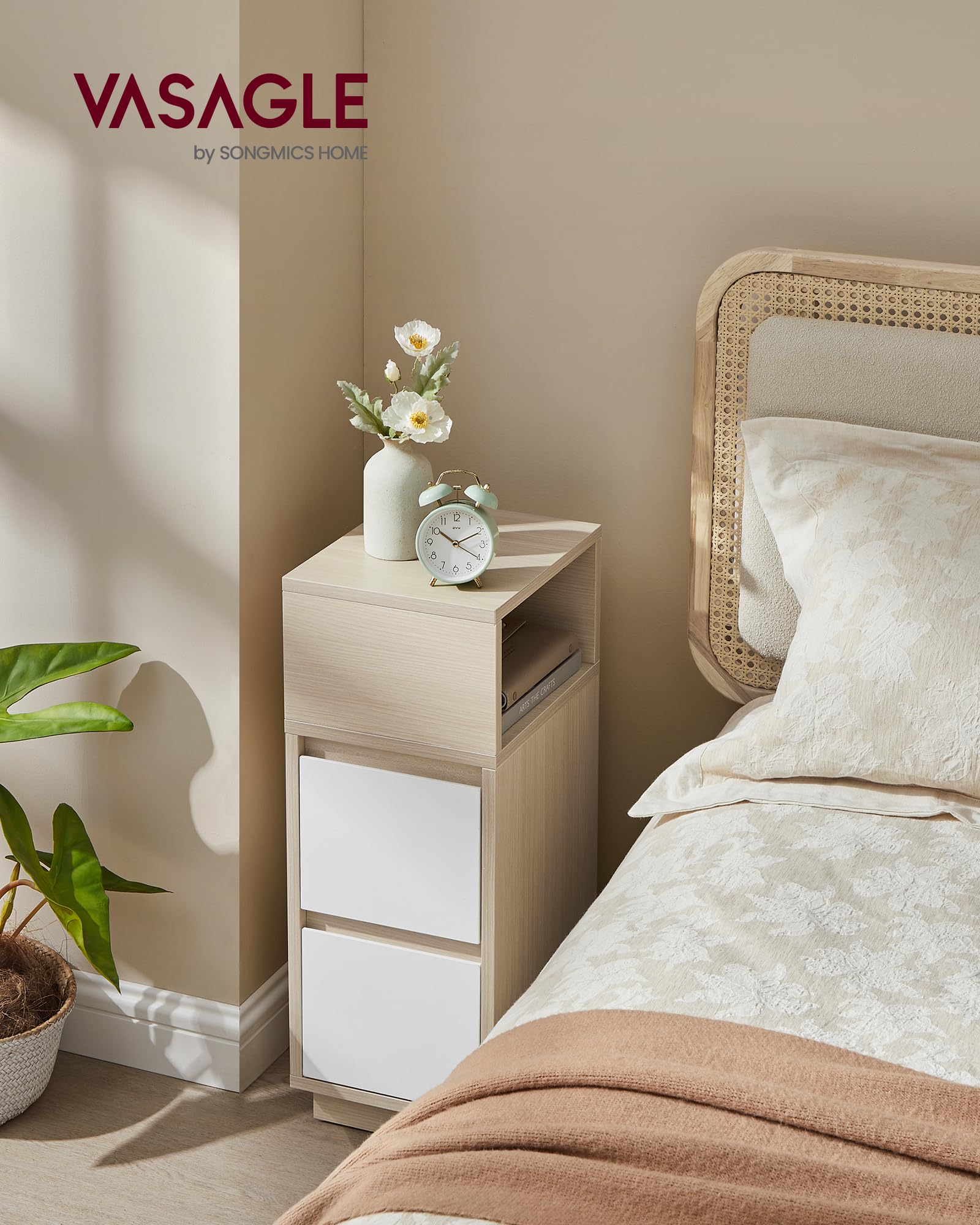 VASAGLE KAILYN Collection - Slim Bedside Table | Natural Beige + Cloud White | 30x25x65 cm 2