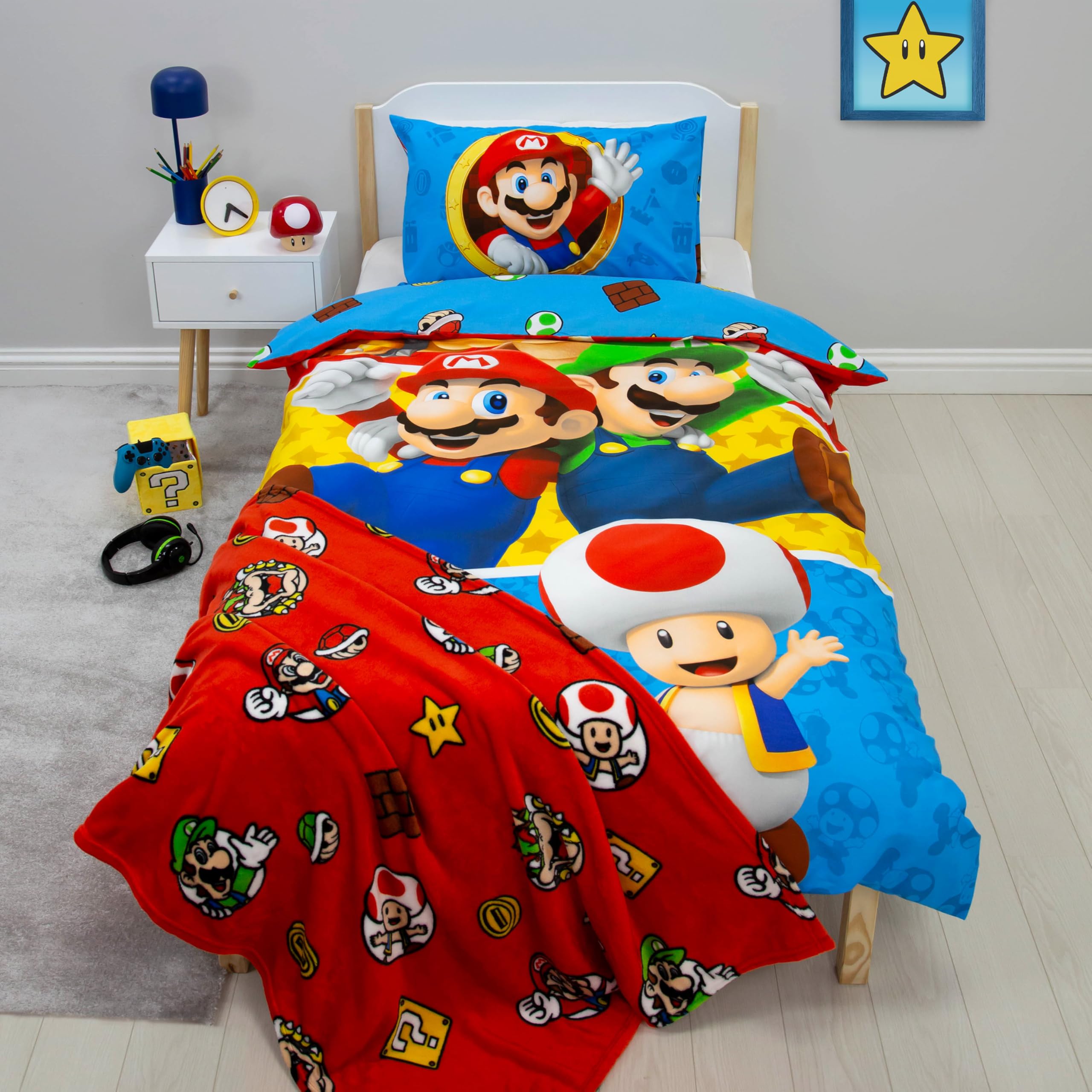 Character World Nintendo Super Mario Official Single Duvet Cover Set, Reversible Splitter Design 4