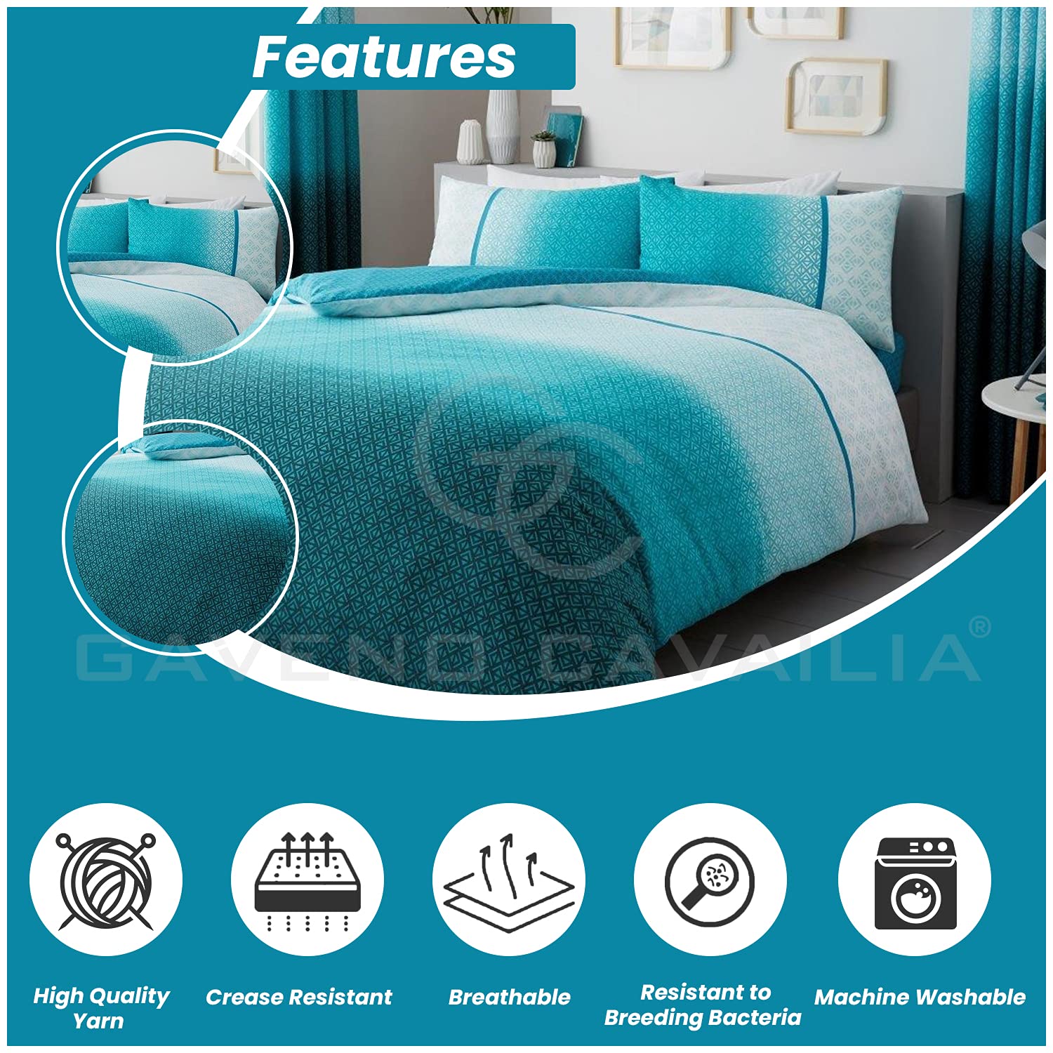 GC GAVENO CAVAILIA Urban Ombre Luxury Double Duvet Cover Set, Teal, 3 Piece 3