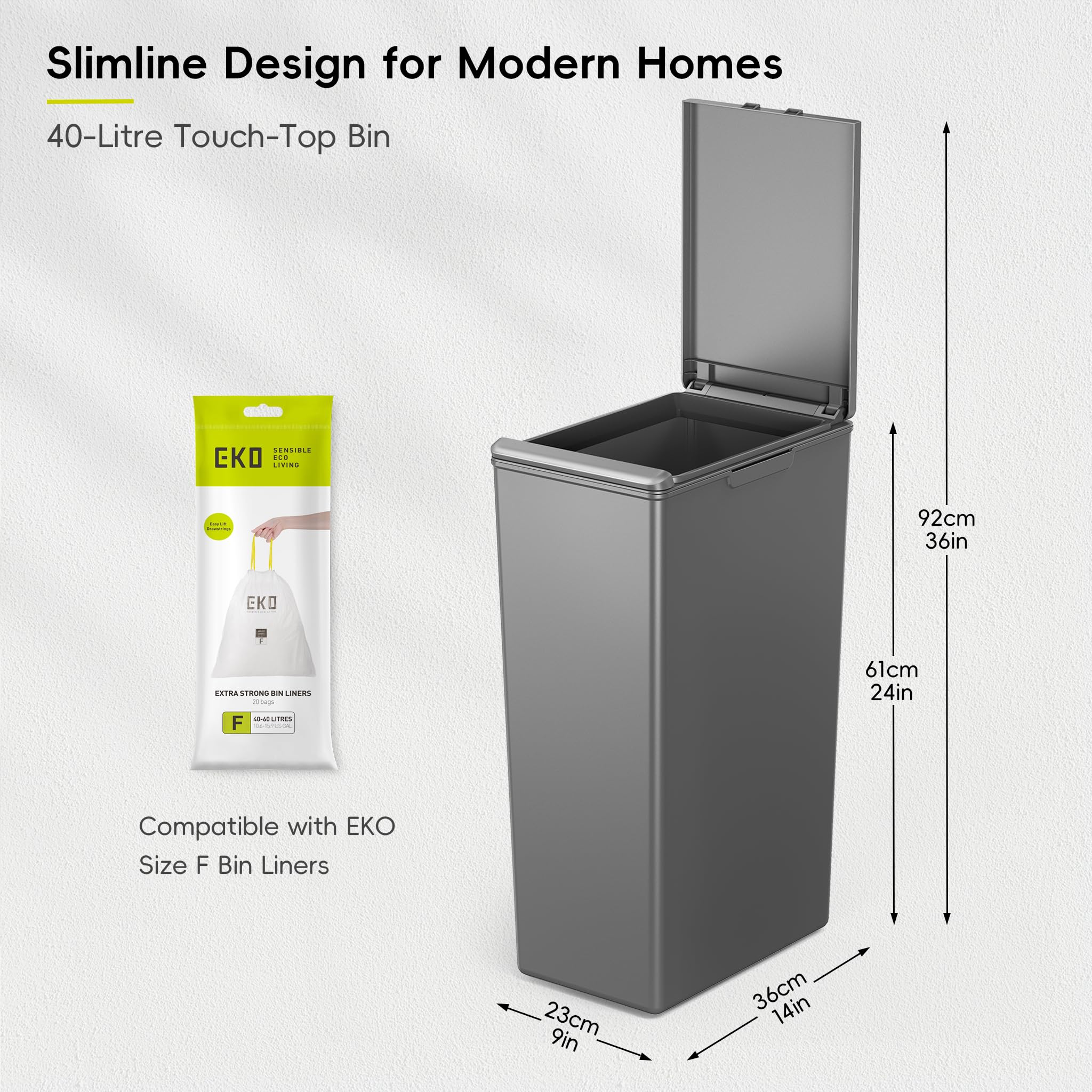 EKO Morandi 40L Kitchen Recycling Bin with Touch-Top Lid | Slim Plastic | Dark Grey 3