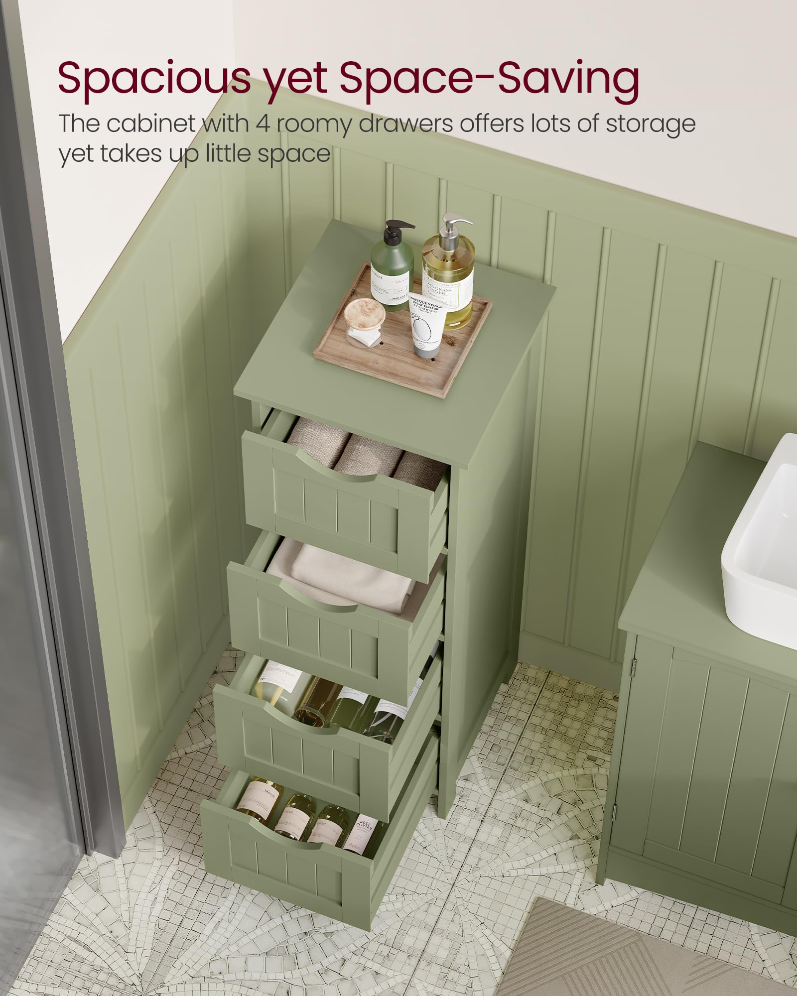 VASAGLE Bathroom Floor Storage Cabinet - 4 Drawers | 30 x 30 x 82 cm | Laurel Green | MDF 4