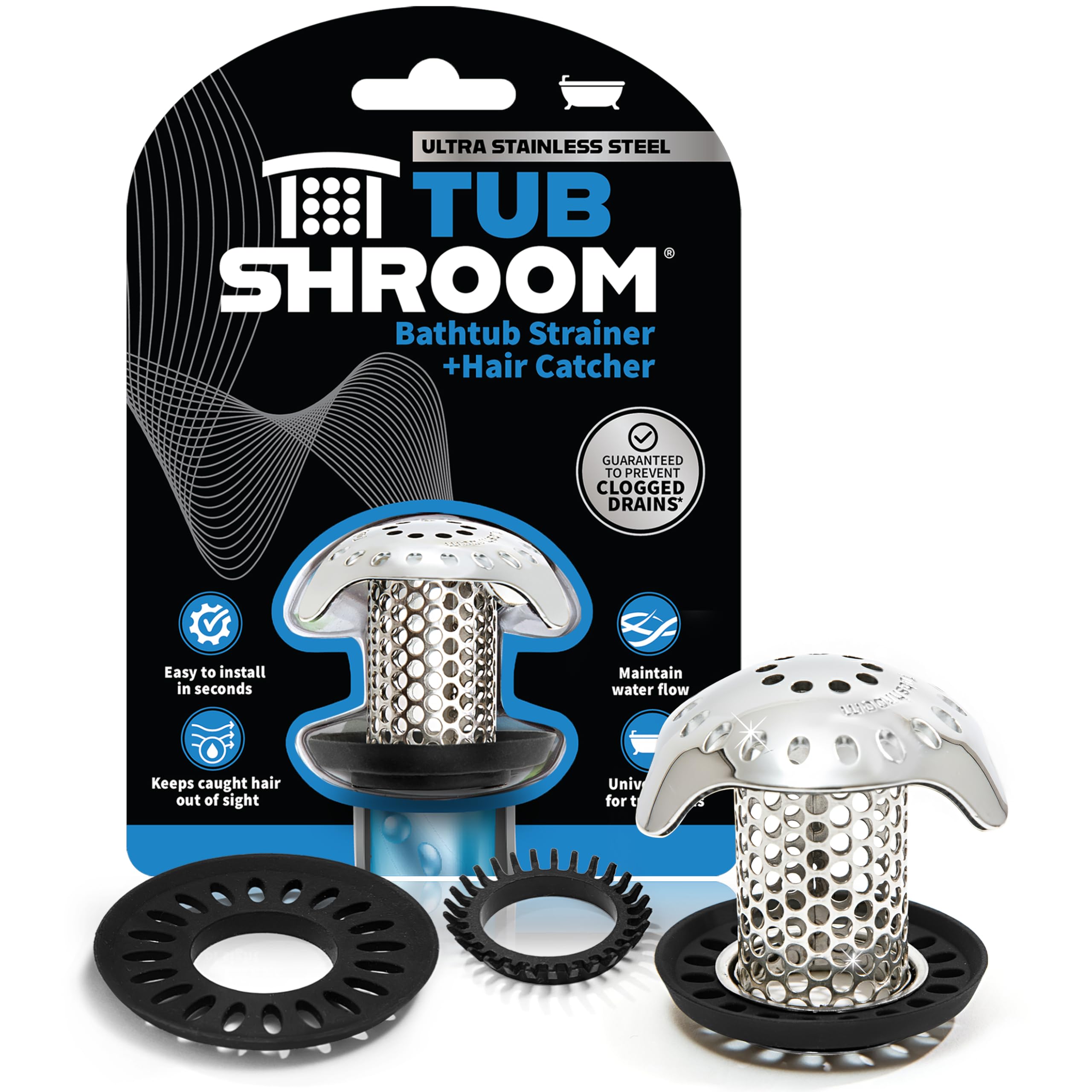 TubShroom Bathtub Hair Drain Catcher - Stainless Steel Ultra, Fits Standard Drains + Adapters 1