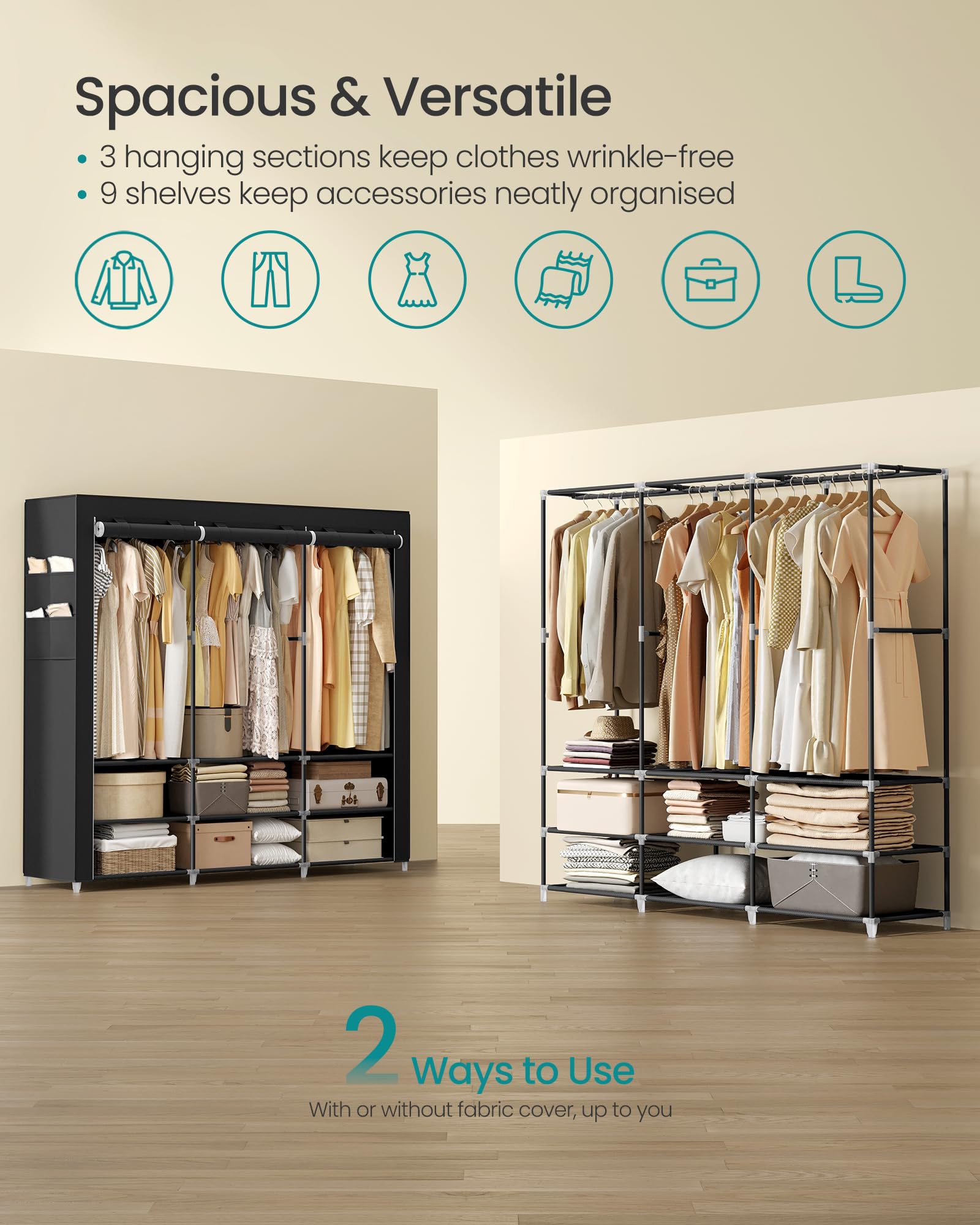 SONGMICS Portable Clothes Wardrobe - 3 Hanging Sections | 188W cm | Black 4
