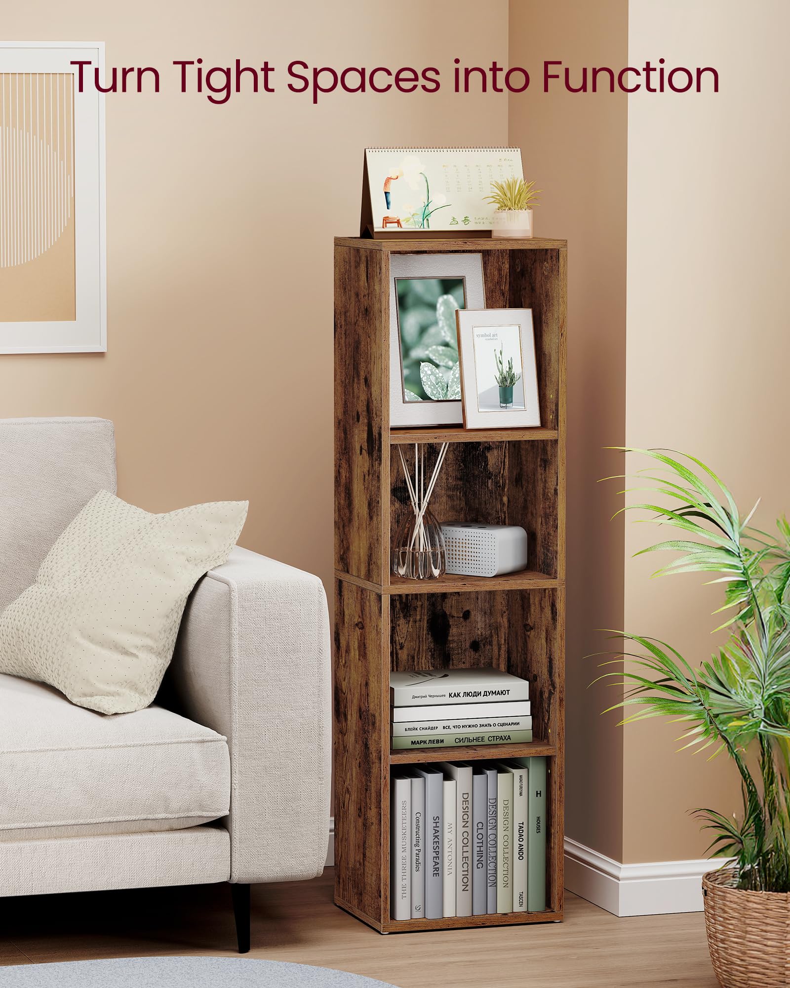 VASAGLE CUSTOS Collection 4-Tier Cube Bookcase Storage Shelf | Rustic Brown | Adjustable Shelves 7