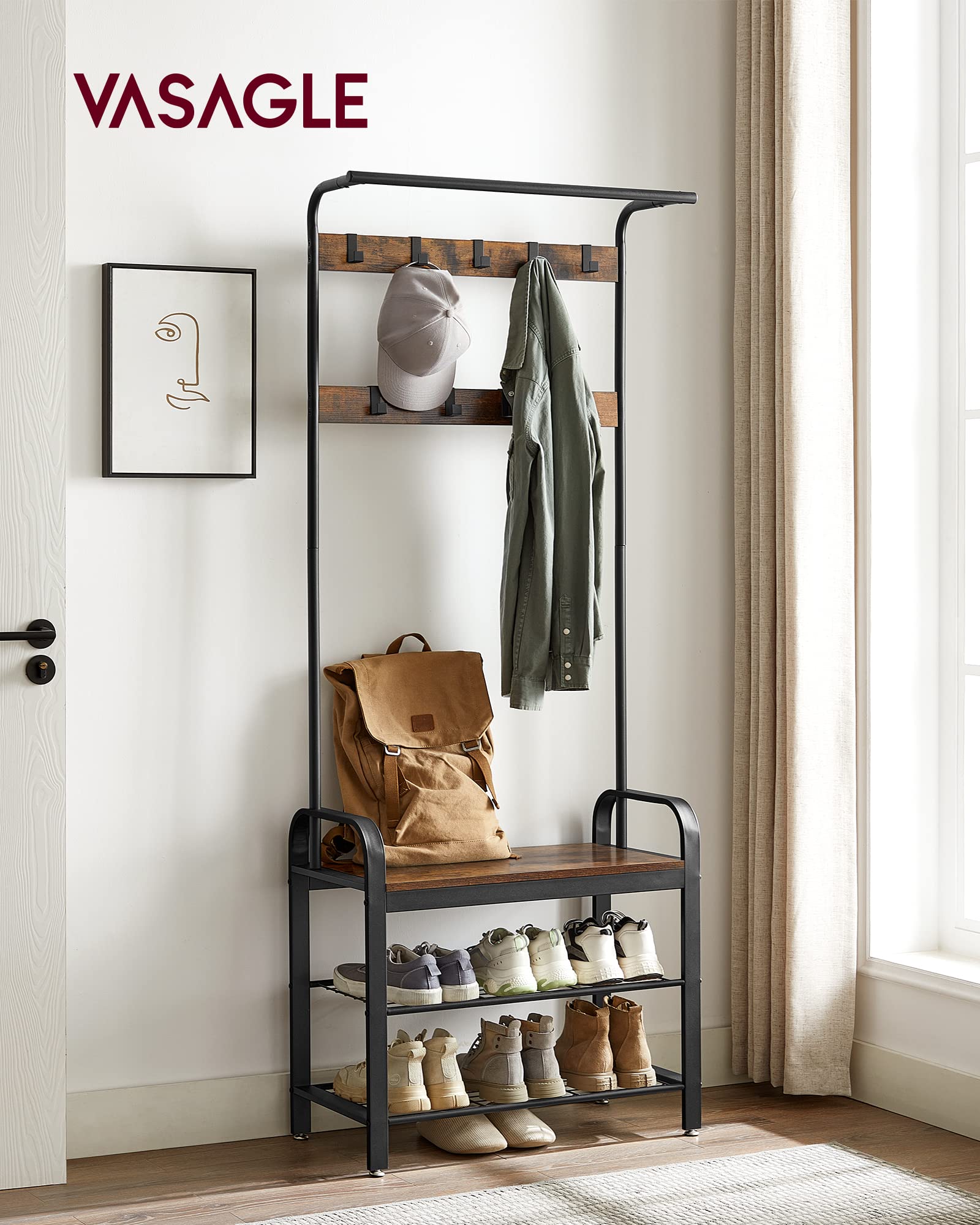 VASAGLE 4-in-1 Coat Rack with Shoe Storage Bench | 9 Removable Hooks | Industrial Style | 72 x 33.7 x 183 cm