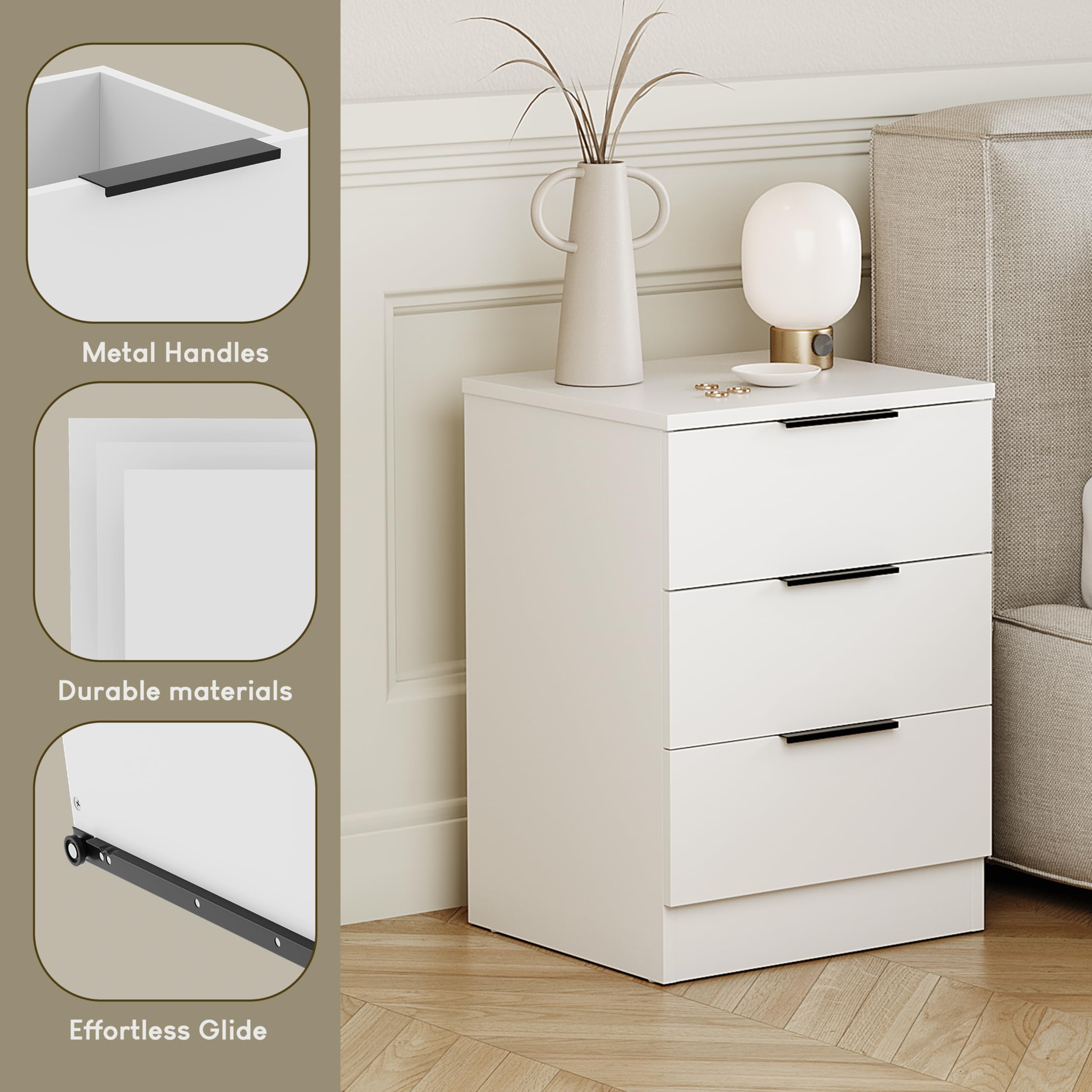 Vida Designs Trega 3 Drawer Bedside Cabinet - White | Space Saving | Engineered Wood 4