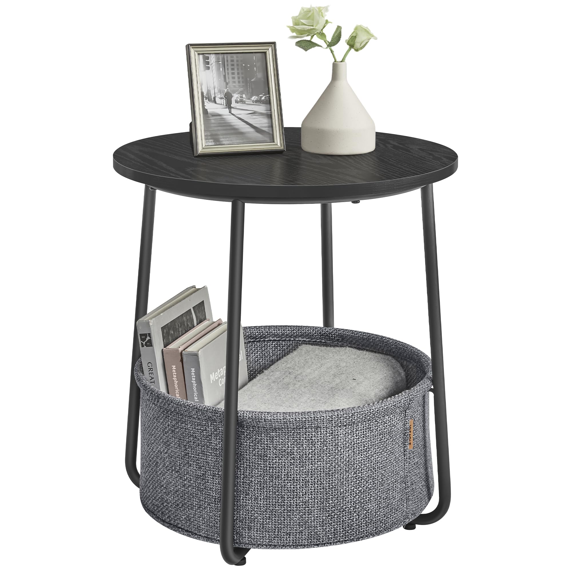 VASAGLE Round End Table with Fabric Basket | Ebony Black | 45 x 50 cm 1
