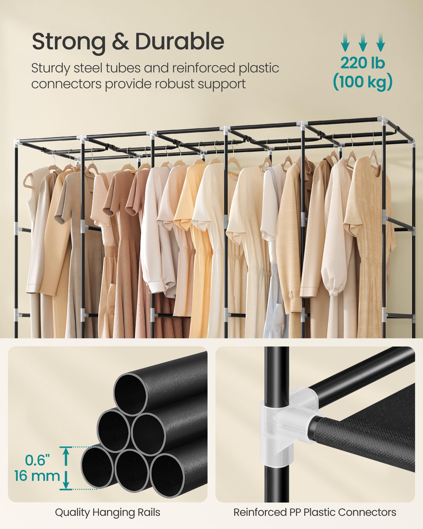 SONGMICS Portable Clothes Wardrobe - 5 Hanging Sections | Ink Black | Steel Frame 4