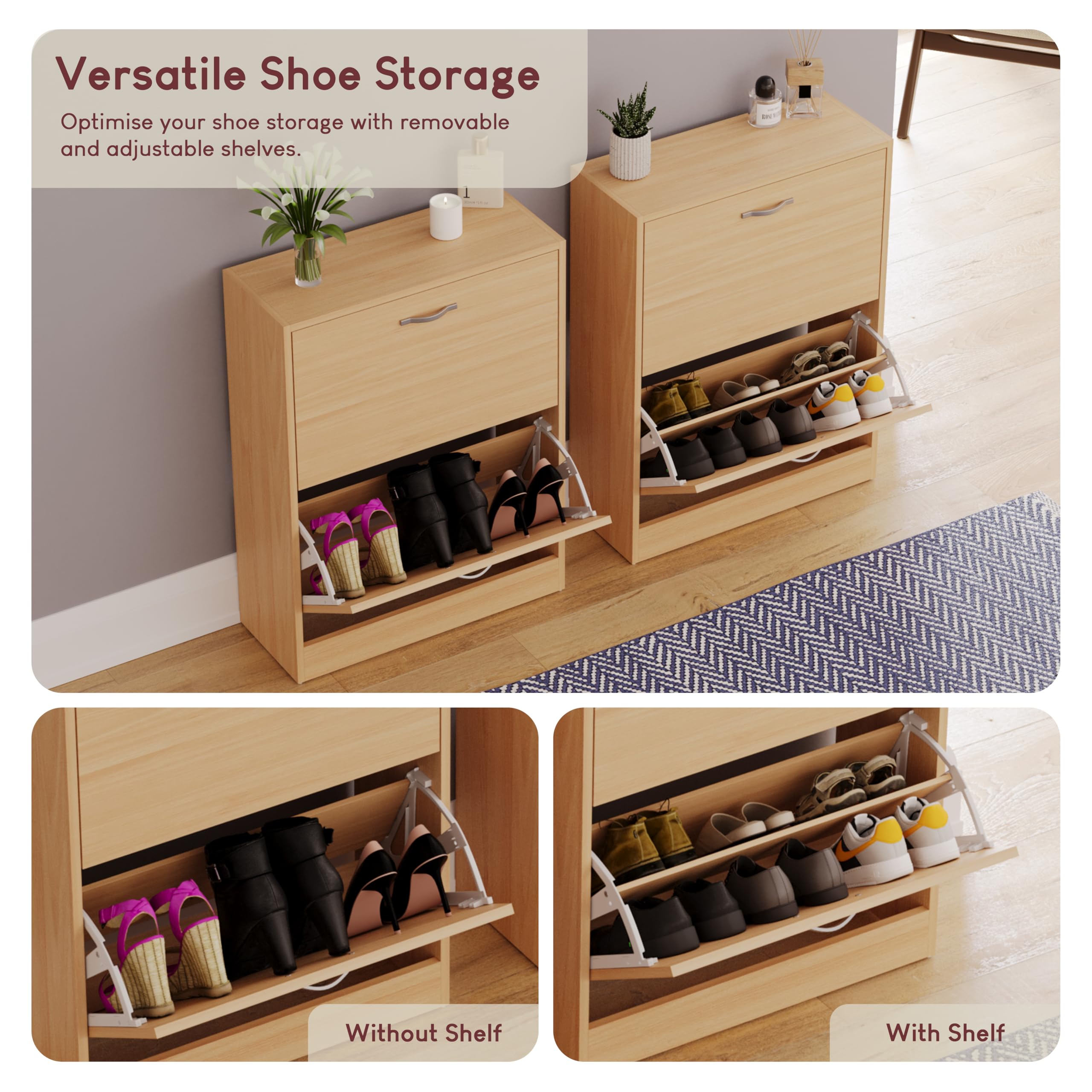 Vida Designs Wooden Shoe Cabinet - 2 Pull-Down Drawers | Slim Cupboard | Pine 7