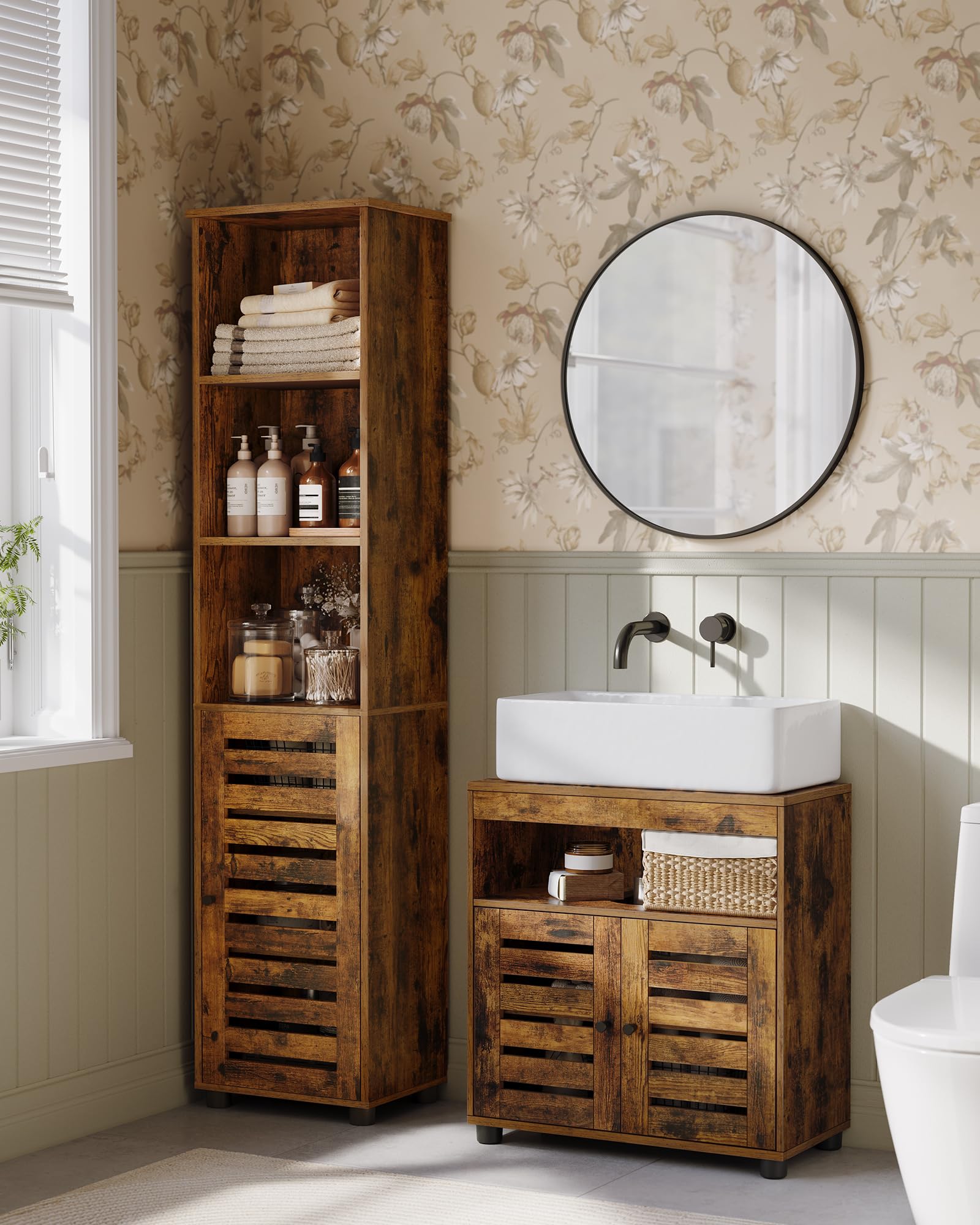 VASAGLE Under Sink Bathroom Cabinet - Rustic Brown | 30x60x64 cm | Adjustable Shelf