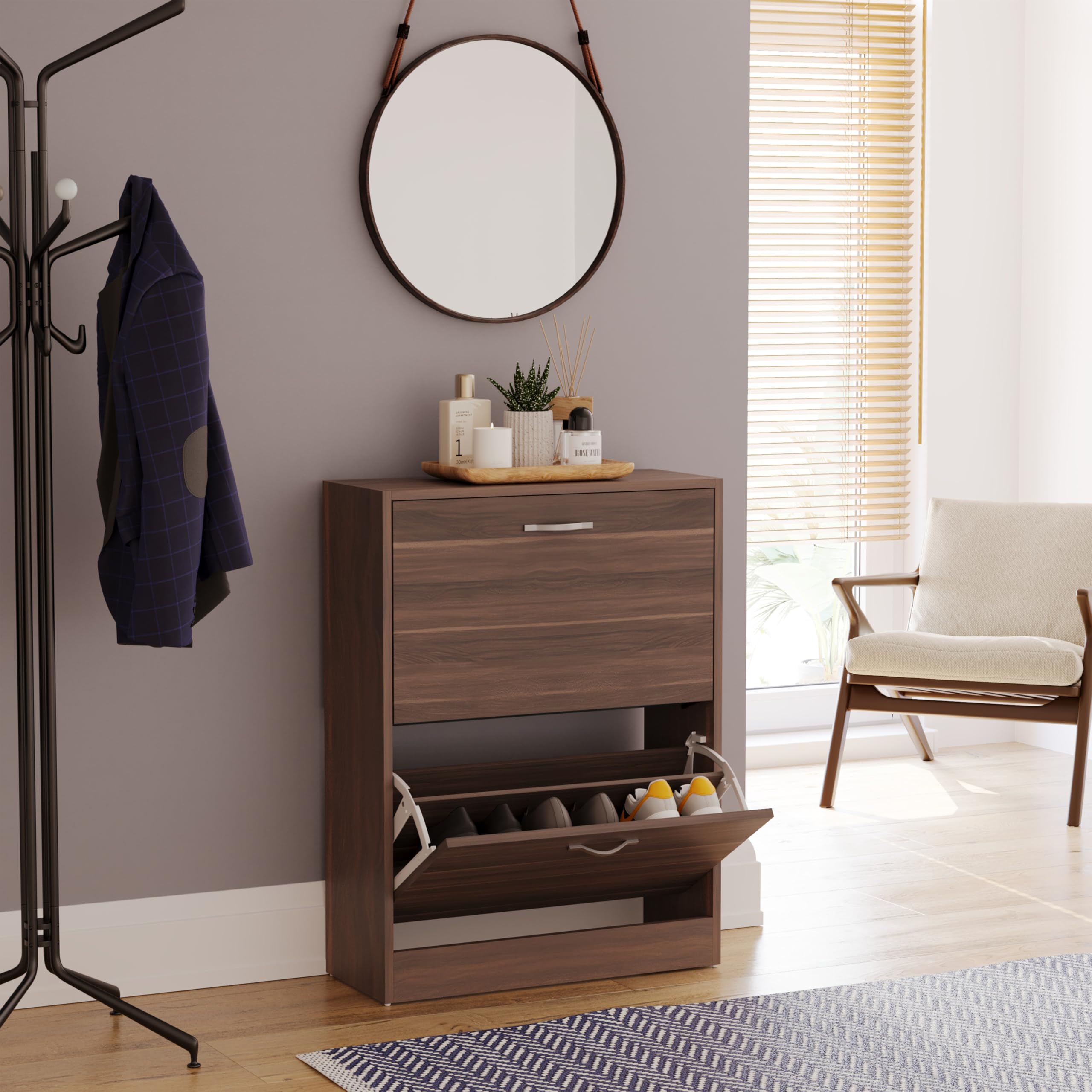 Vida Designs Wooden Shoe Cabinet - 2 Pull-Down Drawers | Slim Entryway Storage | Walnut 4