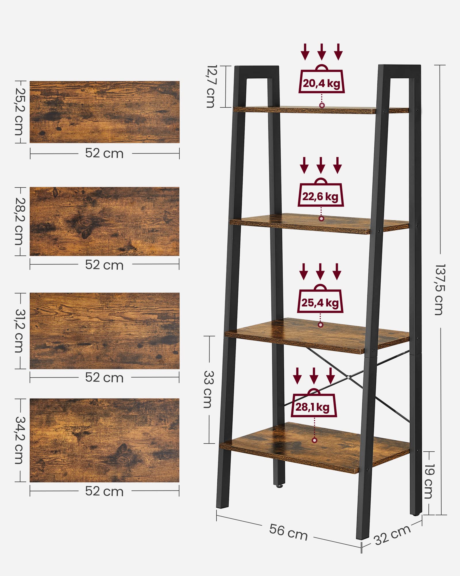VASAGLE Ladder Shelf - 4-Tier Industrial Storage Rack | Rustic Brown & Black | 56 cm Wide 3