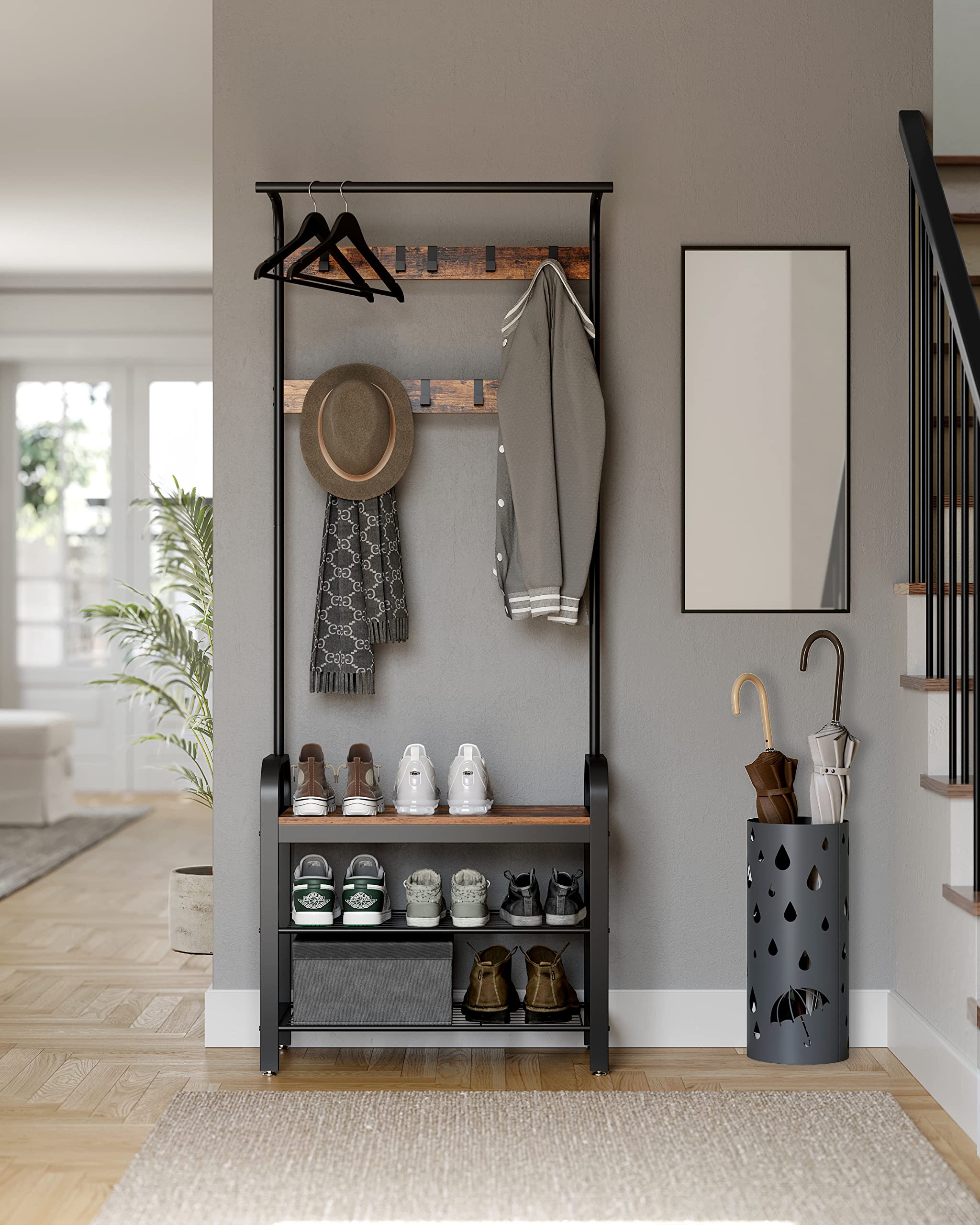 VASAGLE 4-in-1 Coat Rack with Shoe Storage Bench | 9 Removable Hooks | Industrial Style | 72 x 33.7 x 183 cm 8