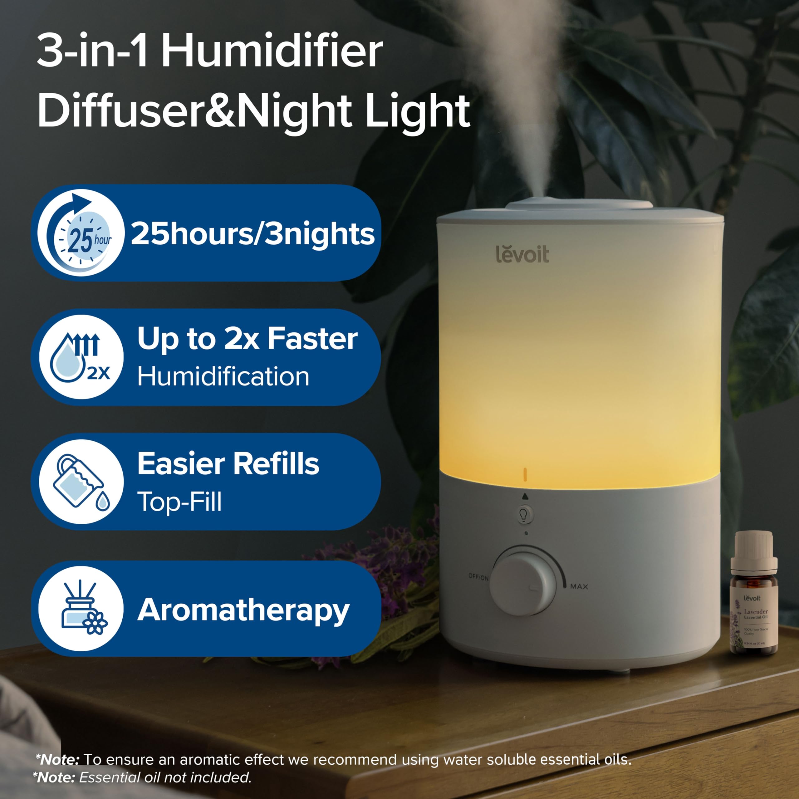 Levoit Dual 150 Humidifier & Diffuser - 3L Tank, 25-Hour Run Time, Ultra-Quiet Operation