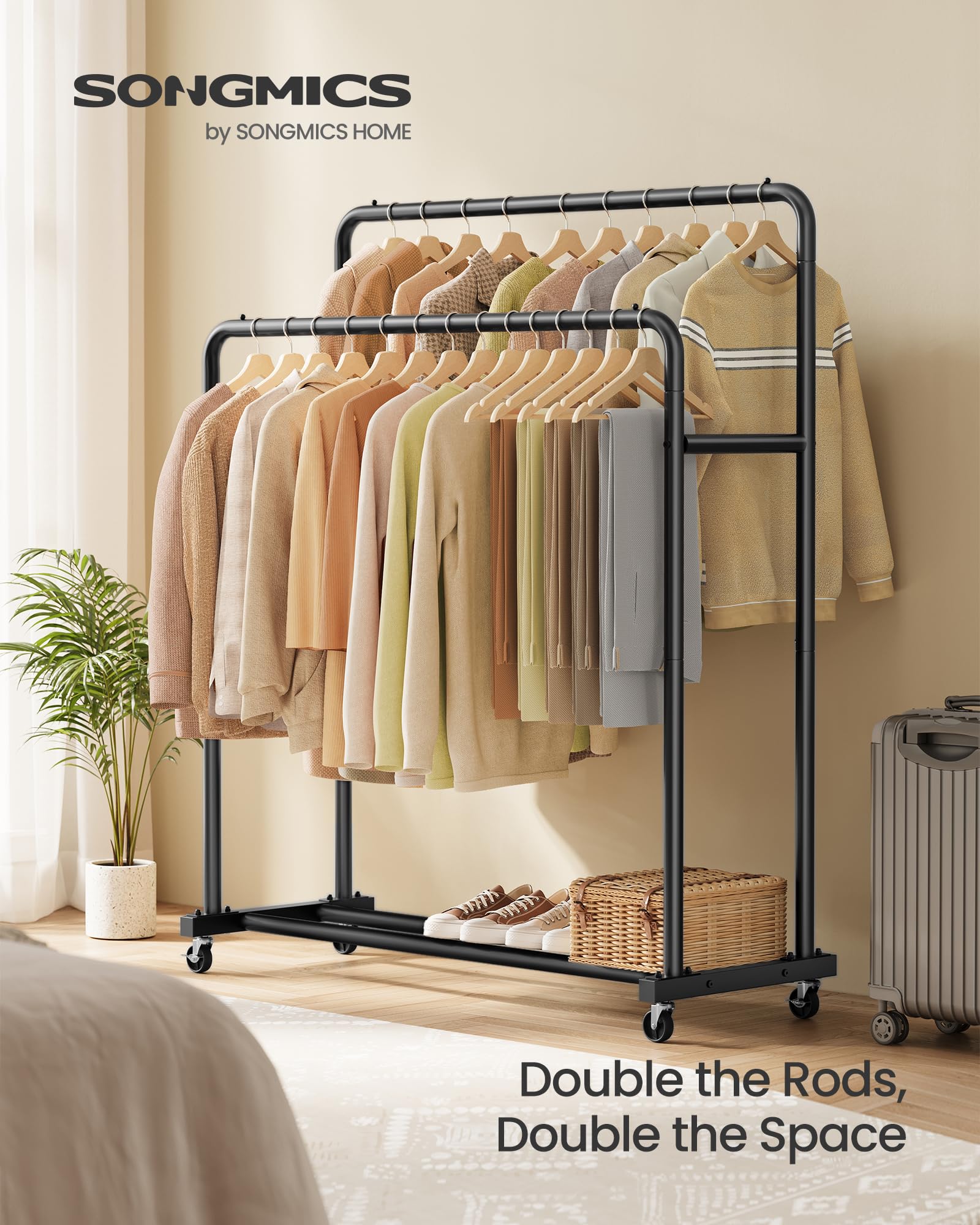 SONGMICS Clothes Rack on Wheels - 90kg Capacity, Ink Black | 110cm Wide Rails 2