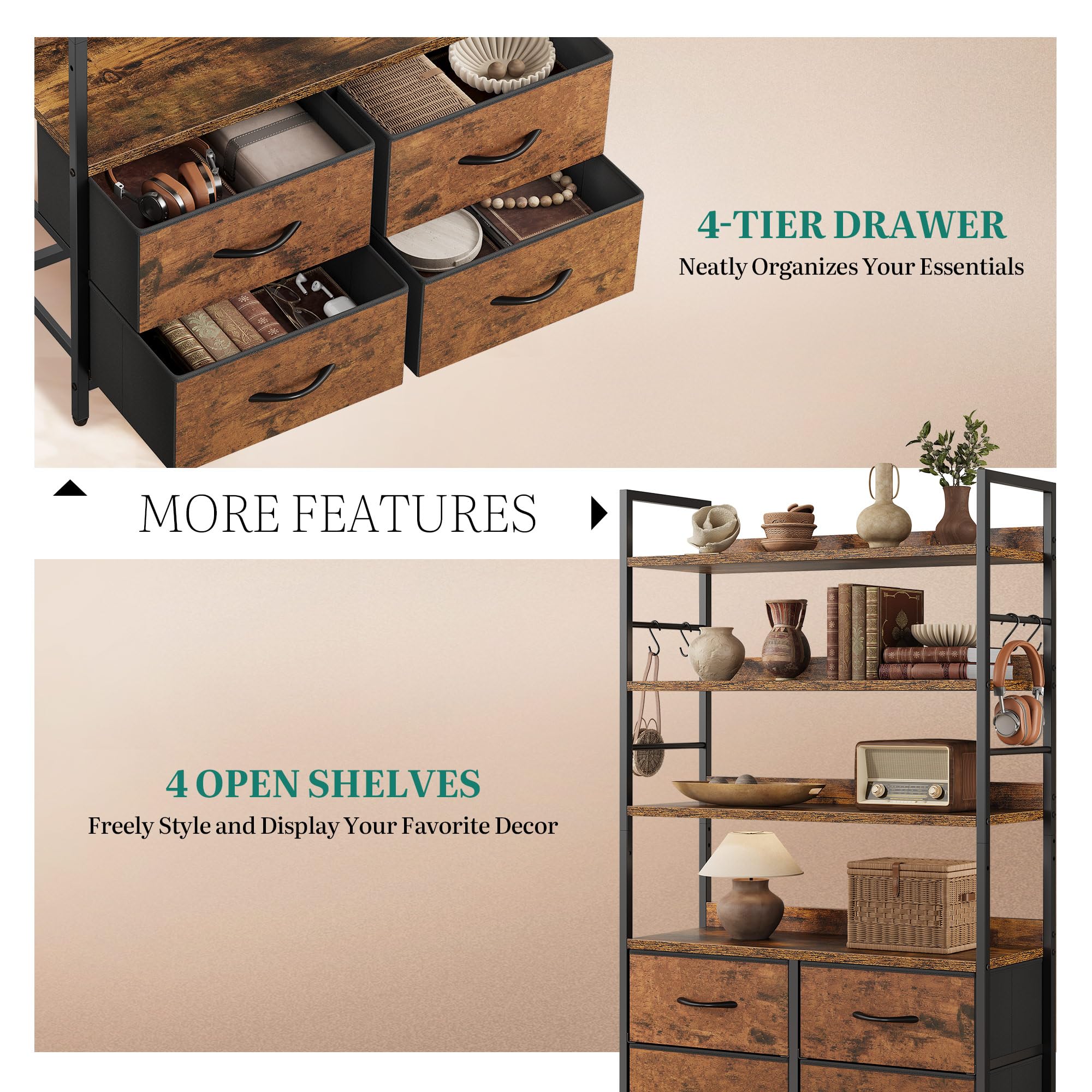 YITAHOME Industrial Bookshelf - 4-Tier with Adjustable Shelves & Drawers | Rustic Brown 5