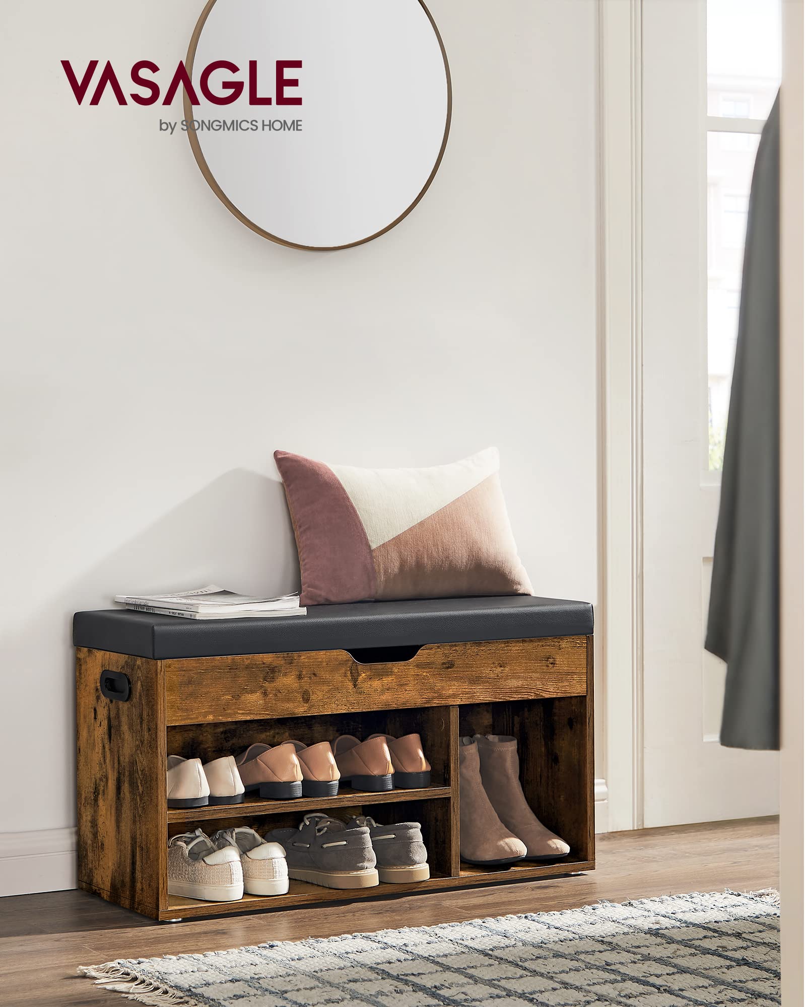VASAGLE Shoe Storage Bench with Padded Seat | 3 Compartments | 150 kg Load Capacity | Rustic Brown