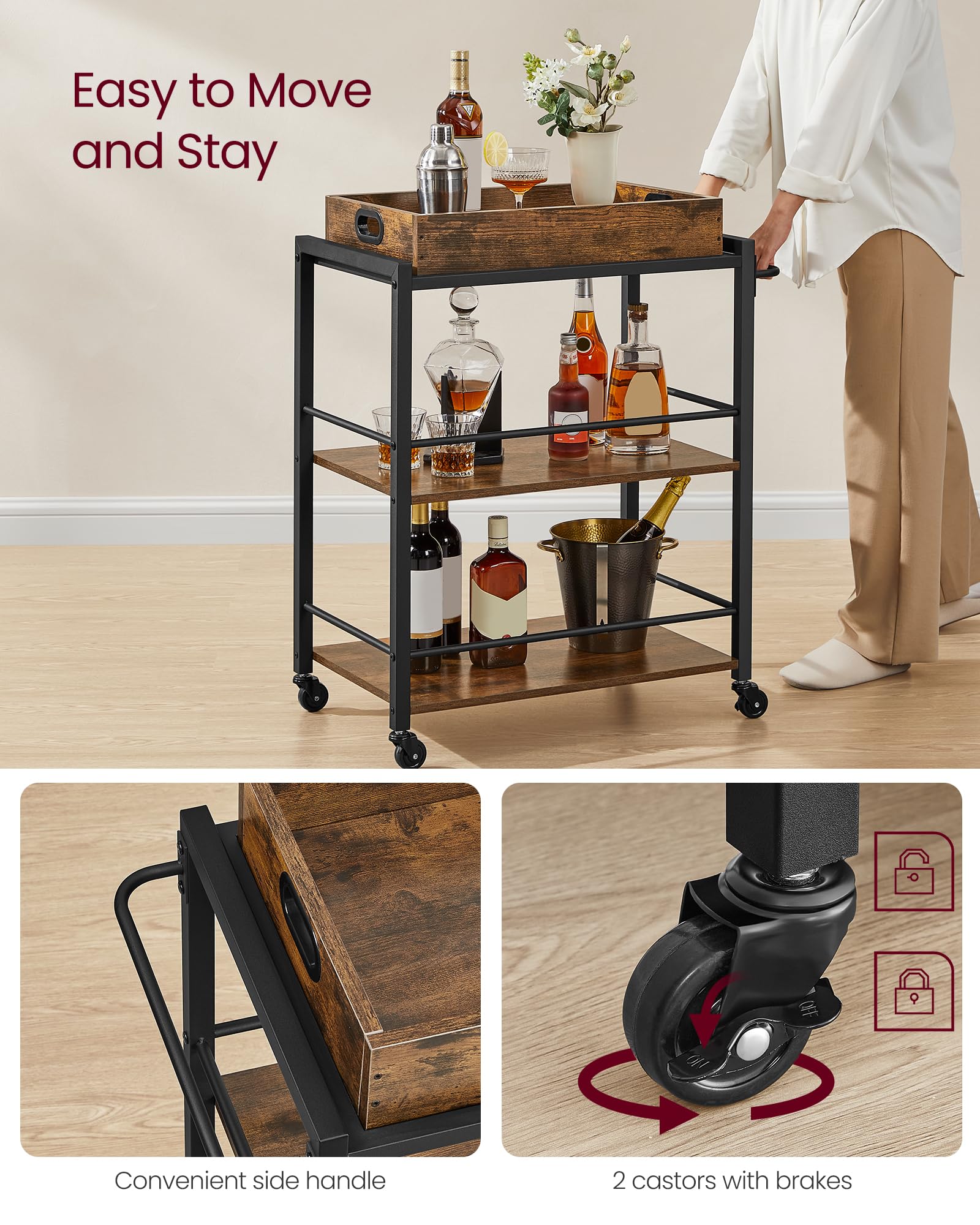 VASAGLE Kitchen Serving Cart with Removable Tray - 3-Tier Utility Cart | Rustic Brown & Black 4