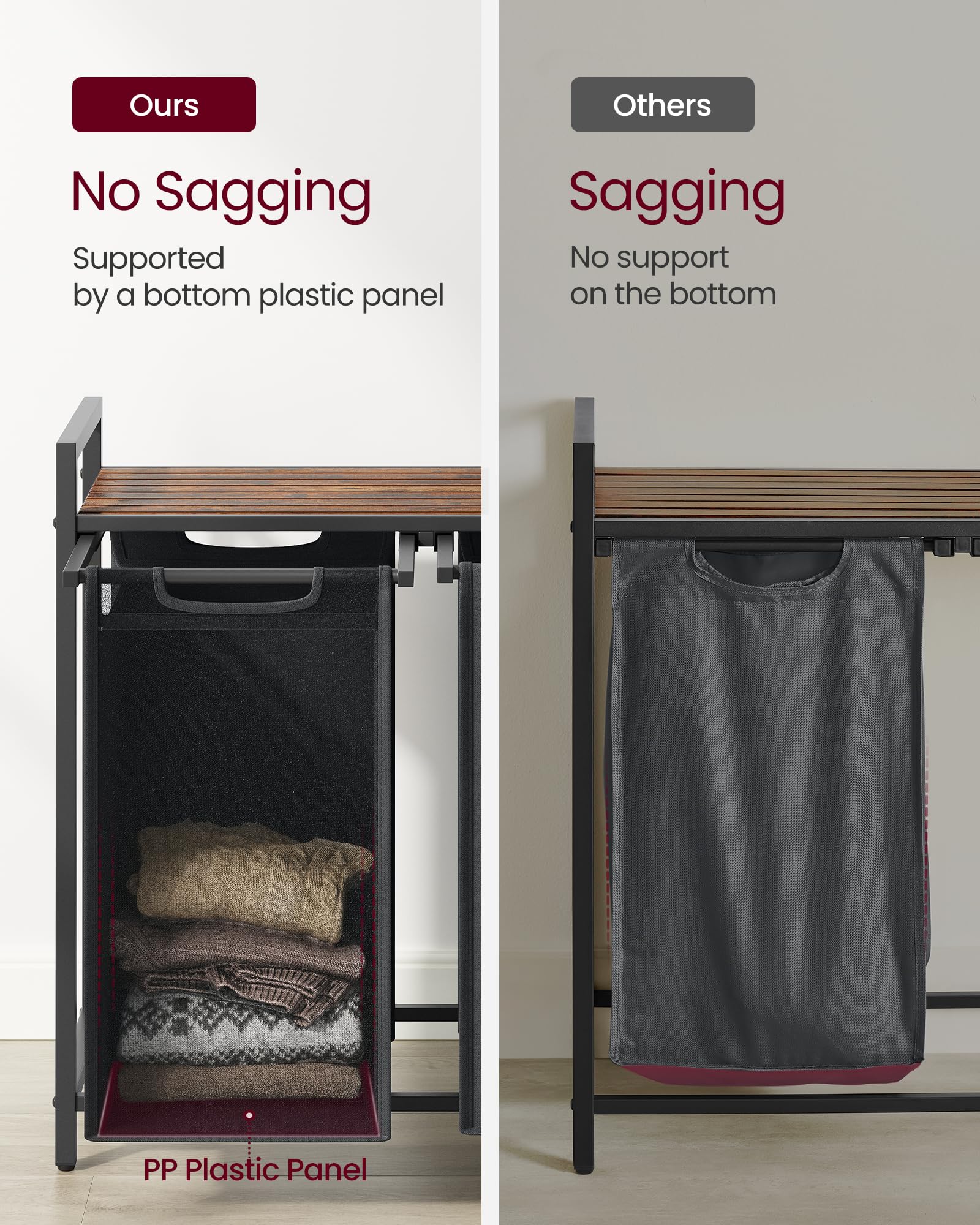 VASAGLE 2-Compartment Laundry Hamper with Shelf | 92 L Capacity | Rustic Brown & Grey 6