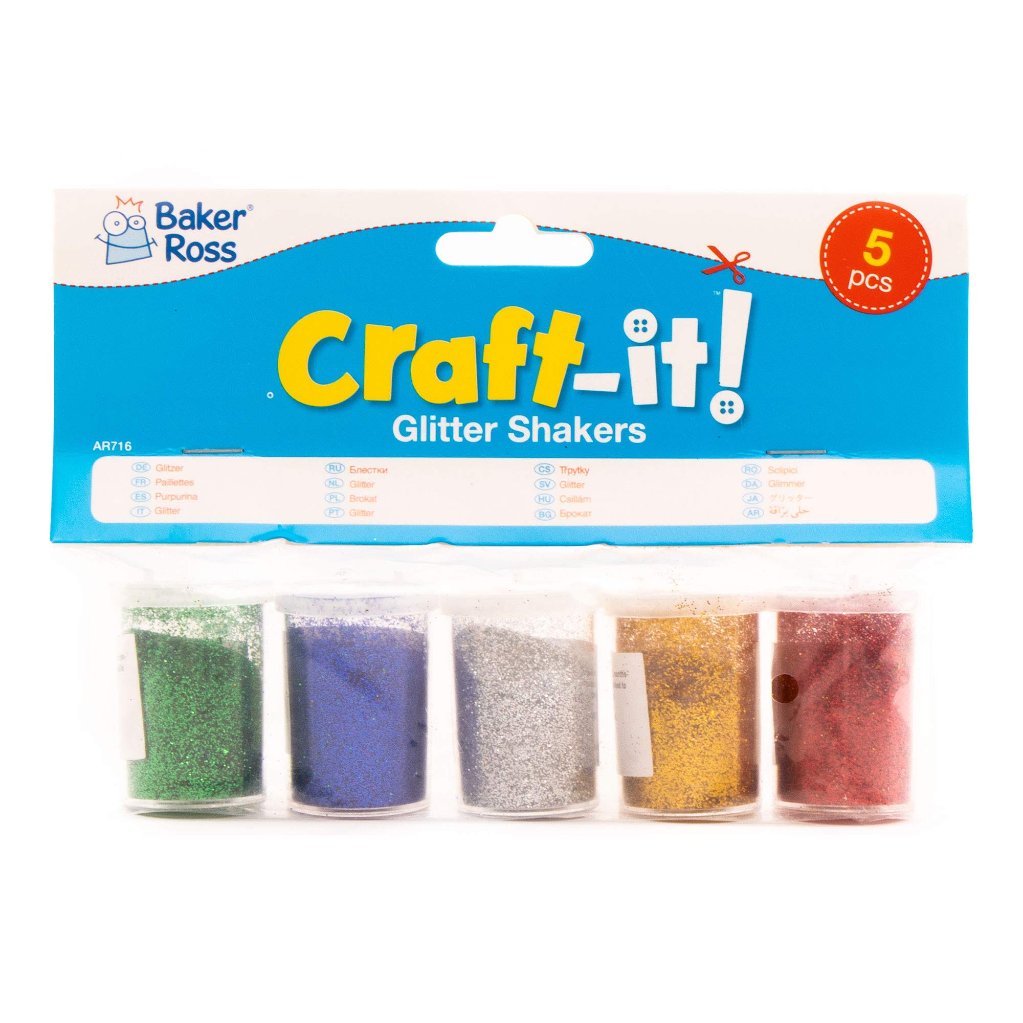 Baker Ross Glitter Shakers - Pack of 5 Assorted Colors (Green, Red, Blue, Gold, Silver) | 15g Each 6