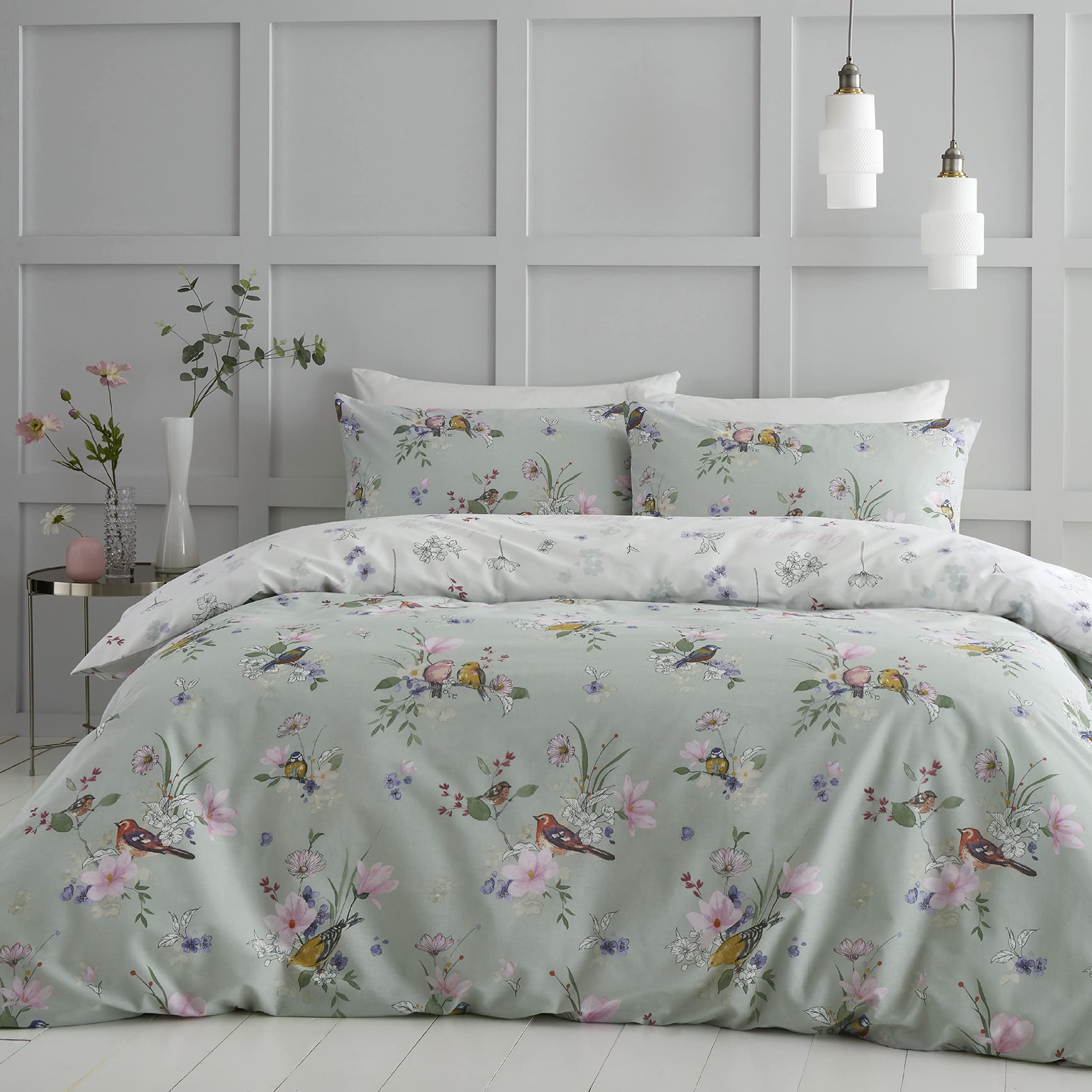 Catherine Lansfield Songbird Duvet Cover Set | King Size | Sage Green | Polycotton 1
