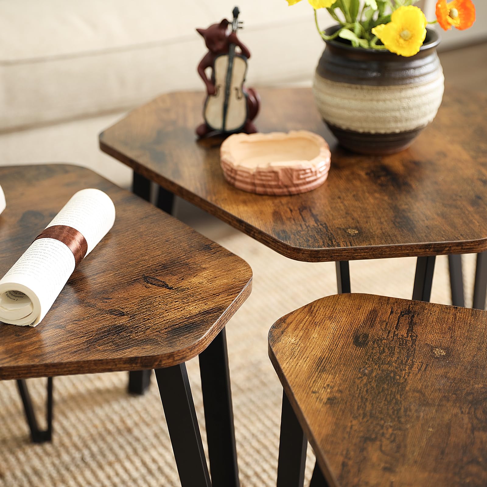 VASAGLE Nesting Coffee Table Set of 3 End Tables for Living Room | Rustic Brown + Black | Industrial Style 5