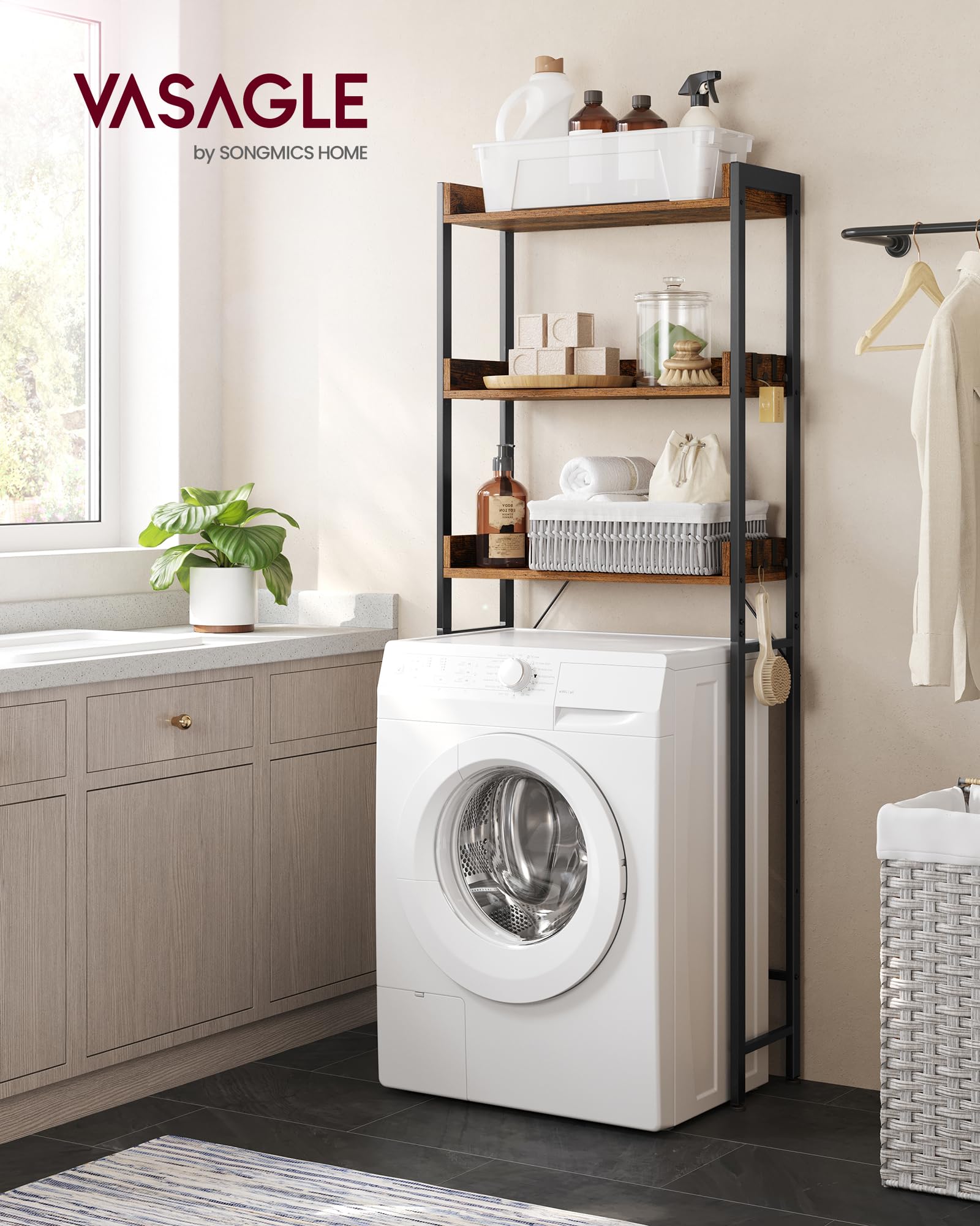VASAGLE 3 Tier Over the Toilet Storage Shelf | Industrial Style | Rustic Brown & Black | BTS002B01 4