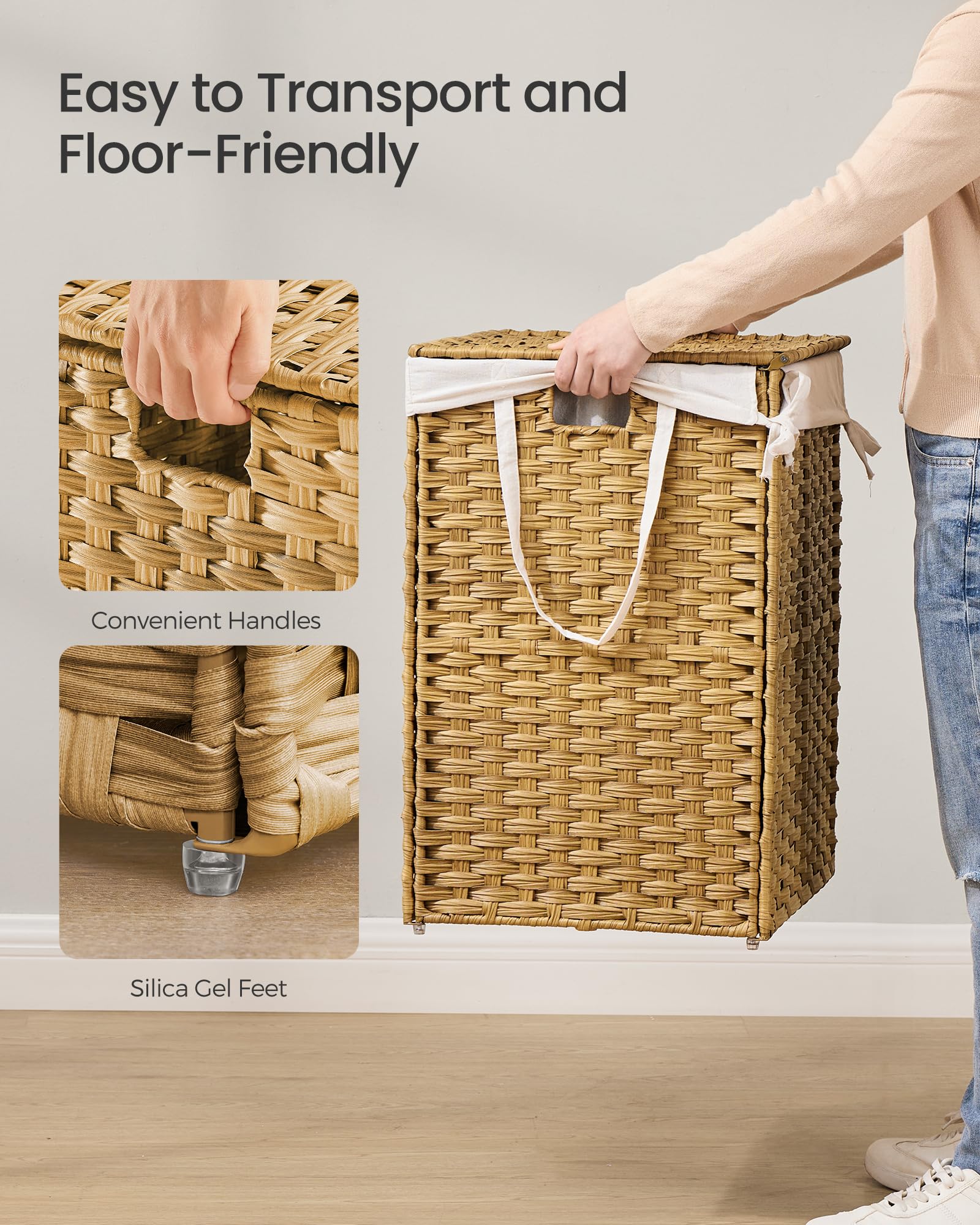 SONGMICS 160L Synthetic Rattan Laundry Basket with Lid and Handles | Natural Colour | Foldable 4