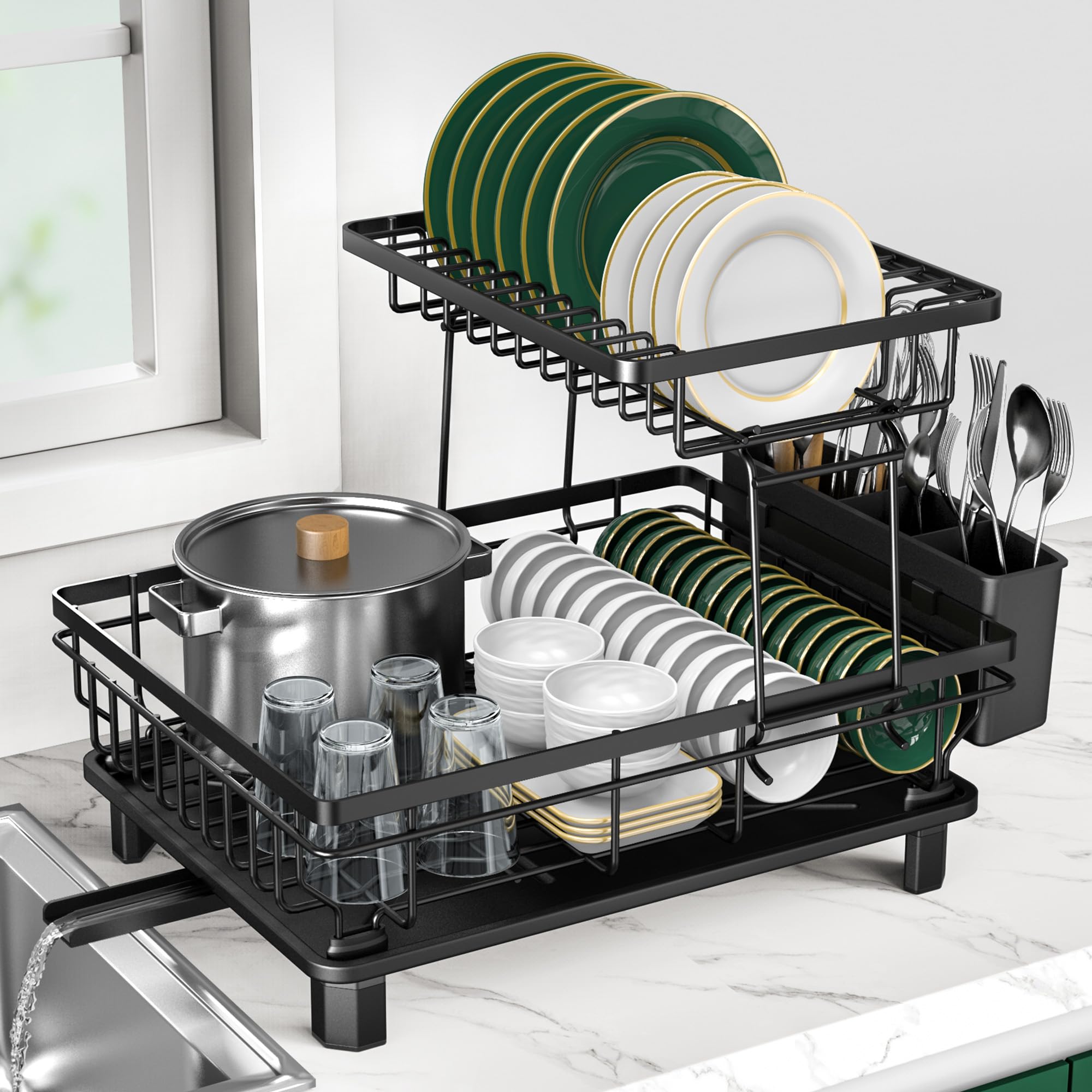 Rottogoon Large 2-Tier Dish Drying Rack - Stainless Steel, Black, with Drainboard & Utensil Holder 1