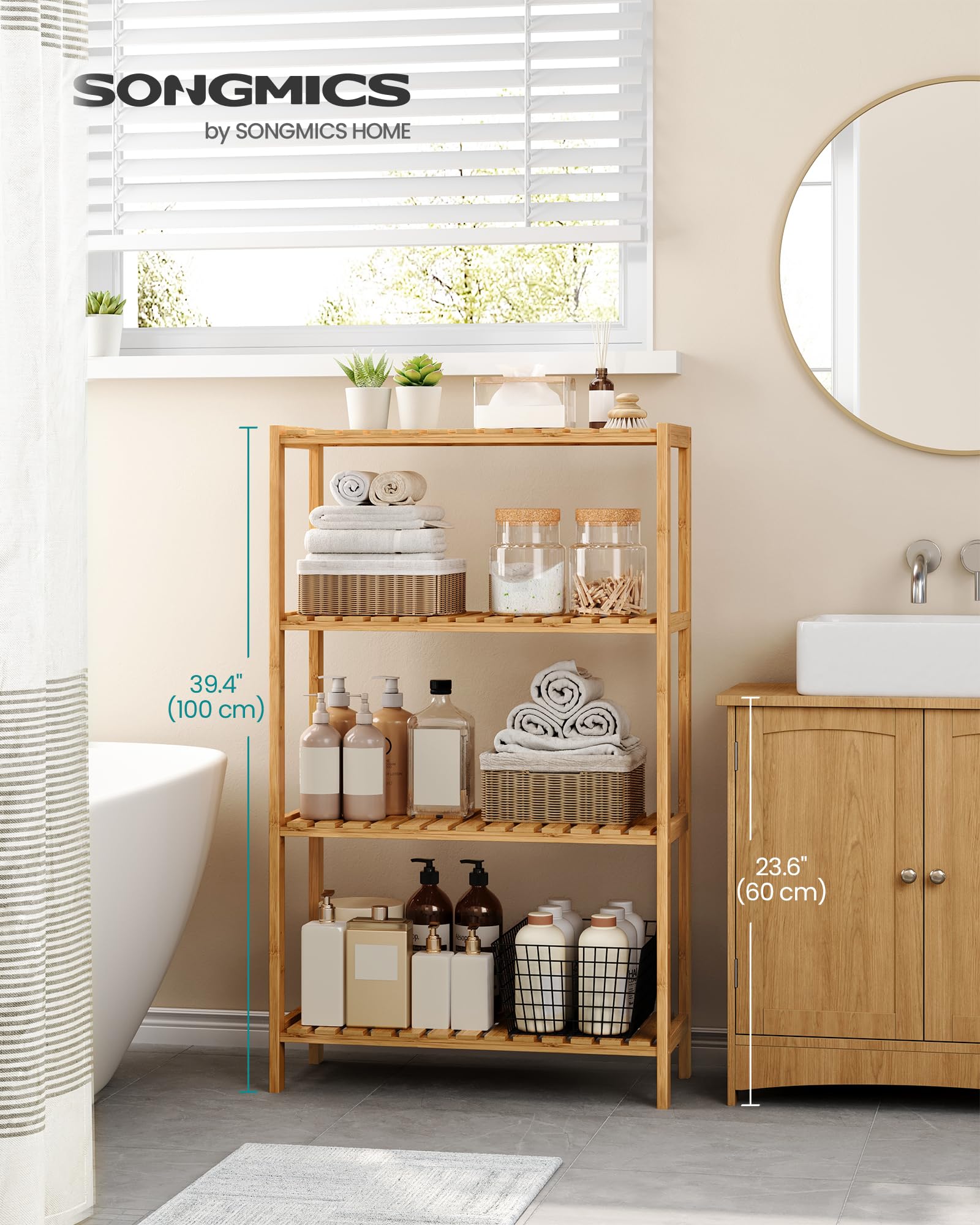 SONGMICS Bamboo Storage Shelf - 4-Tier Freestanding Unit | 60x26x100cm | Max Load 10kg/Shelf 3