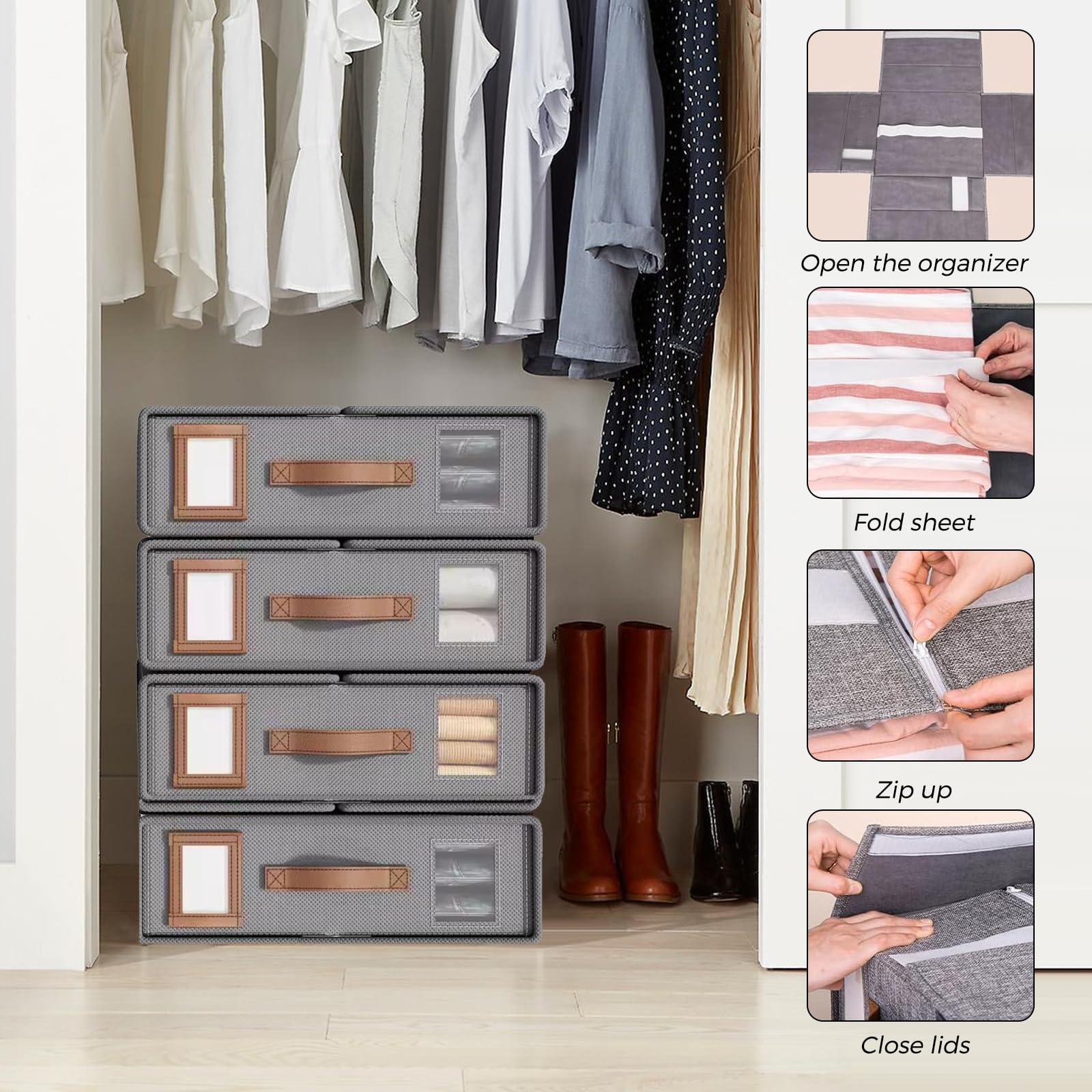Woobroo 6 Pack Under-Bed Storage Organisers - Foldable Linen Boxes | Gray 3