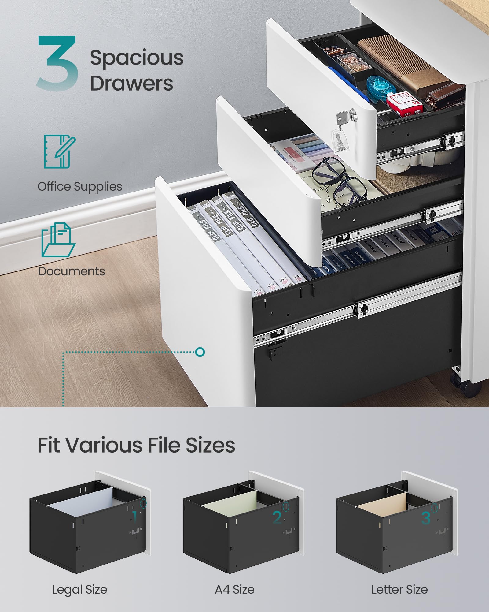 SONGMICS Mobile File Cabinet - 3 Drawers, Lockable, Steel Construction | 50x39x59 cm | White Muted 4