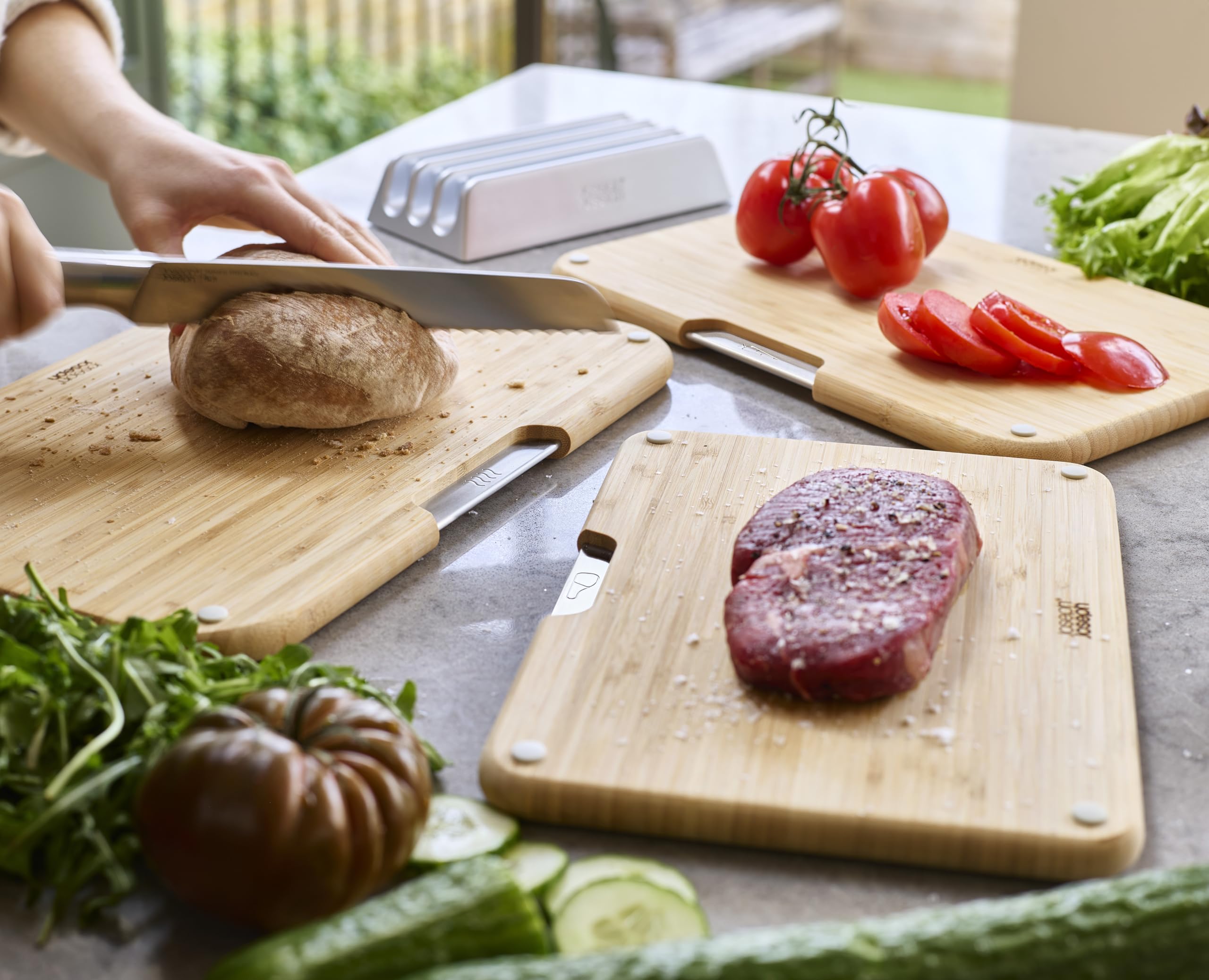 Joseph Joseph Nest Boards 3-Piece Bamboo Wood Chopping Board Set with Metal Stand | Double-Sided 5