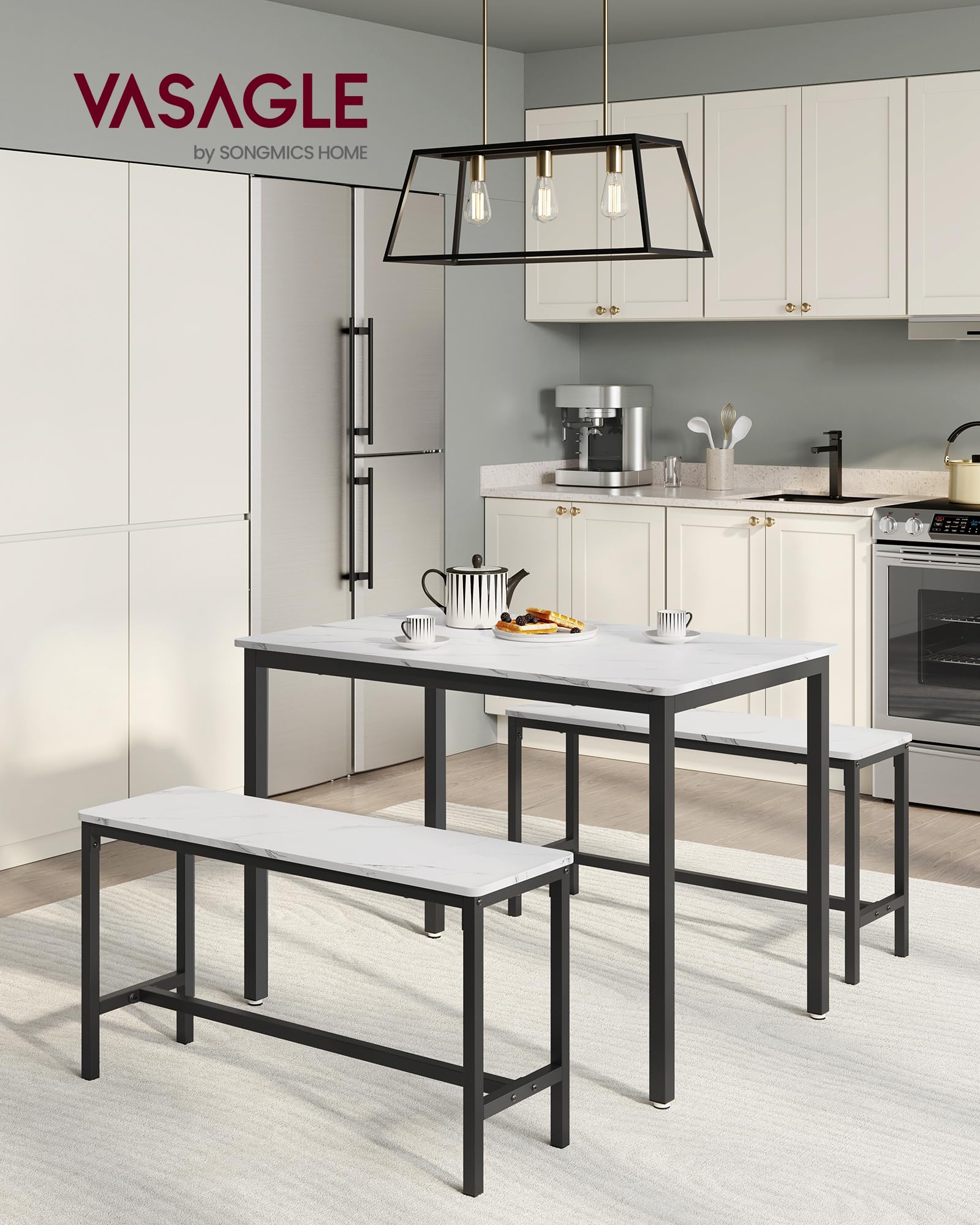 VASAGLE 3-Piece Dining Set with 2 Benches, Marble White & Ink Black | Steel Frame | 70x110cm Table